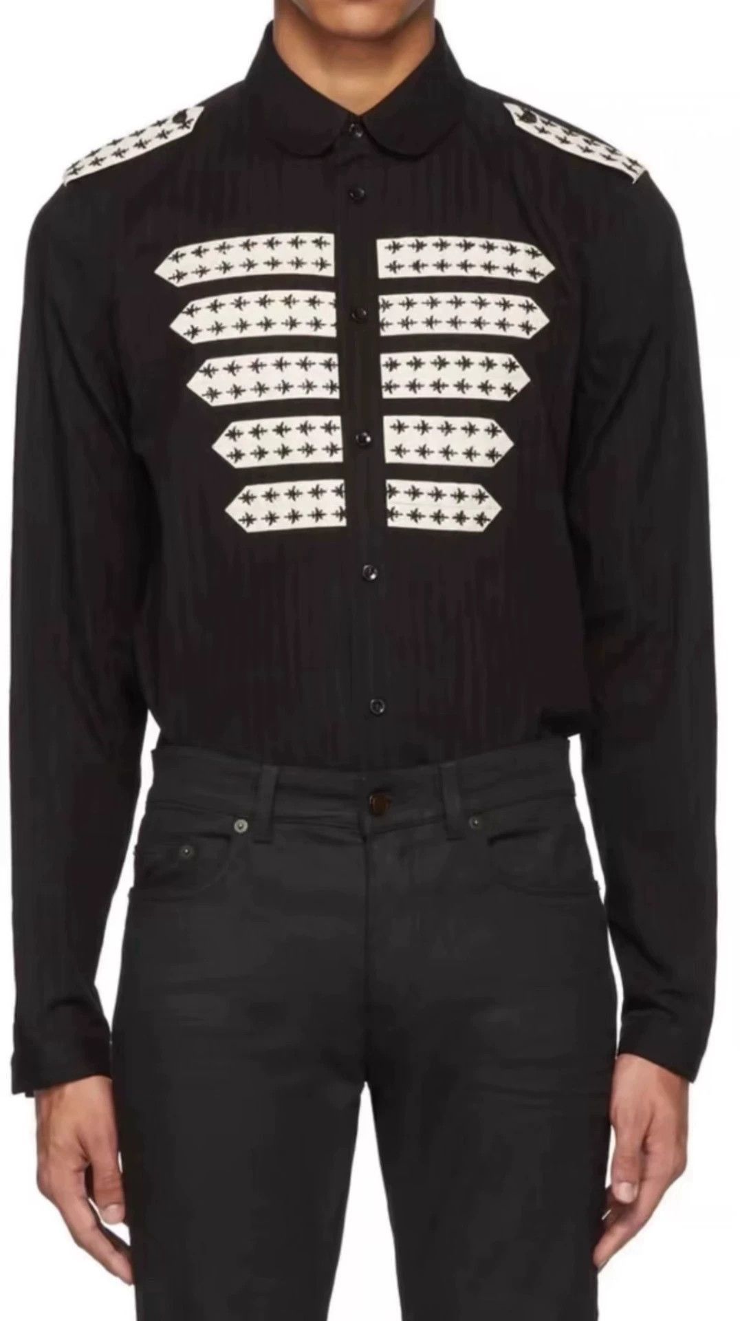 Saint Laurent Paris Black Long Sleeve Button-Up Shirt with White Patterns Size US L / EU 52-54 / 3 - 7 Thumbnail