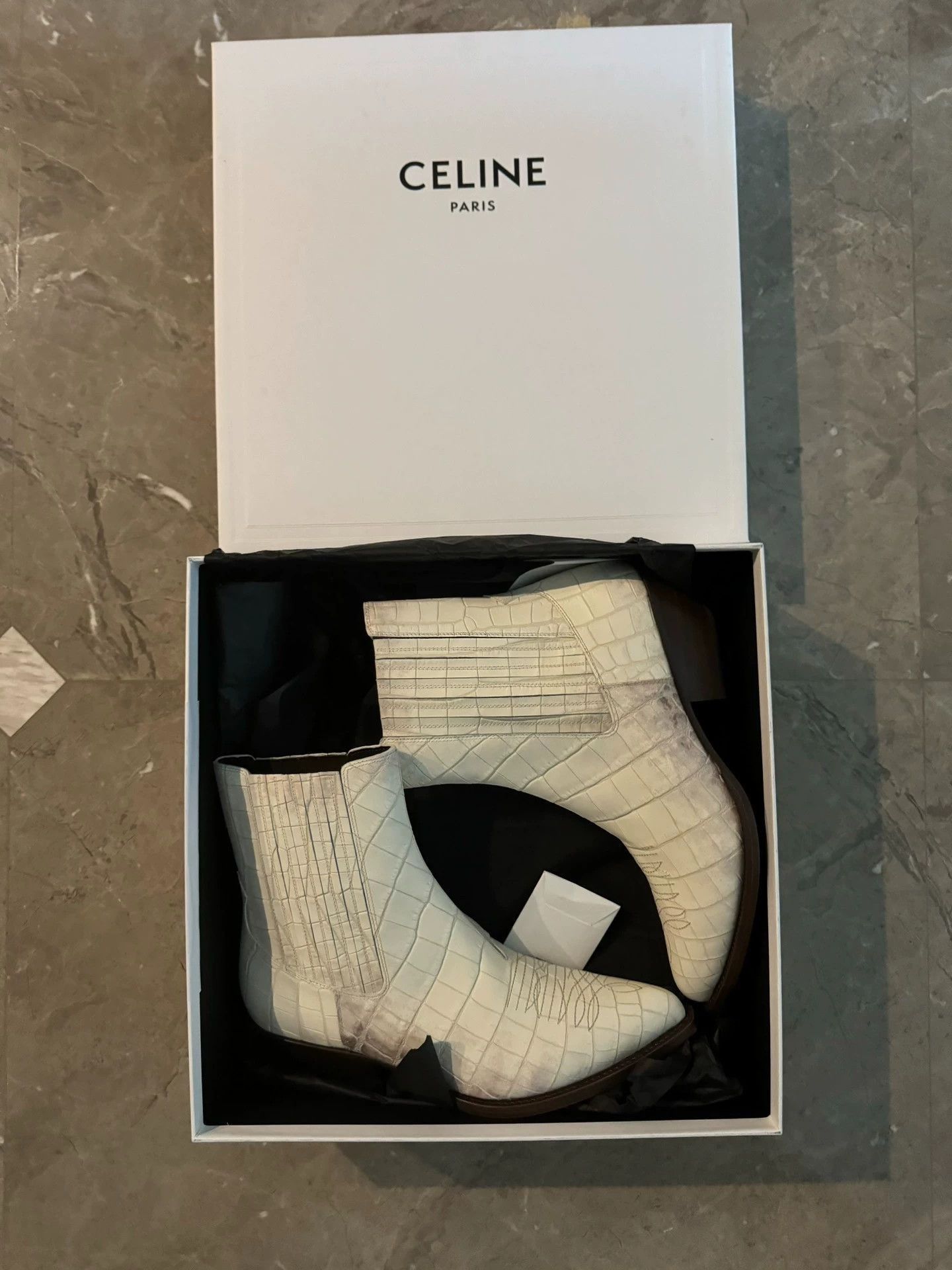 Celine White Crocodile-Embossed Ankle Boots Size US 9 / EU 42 - 3 Thumbnail
