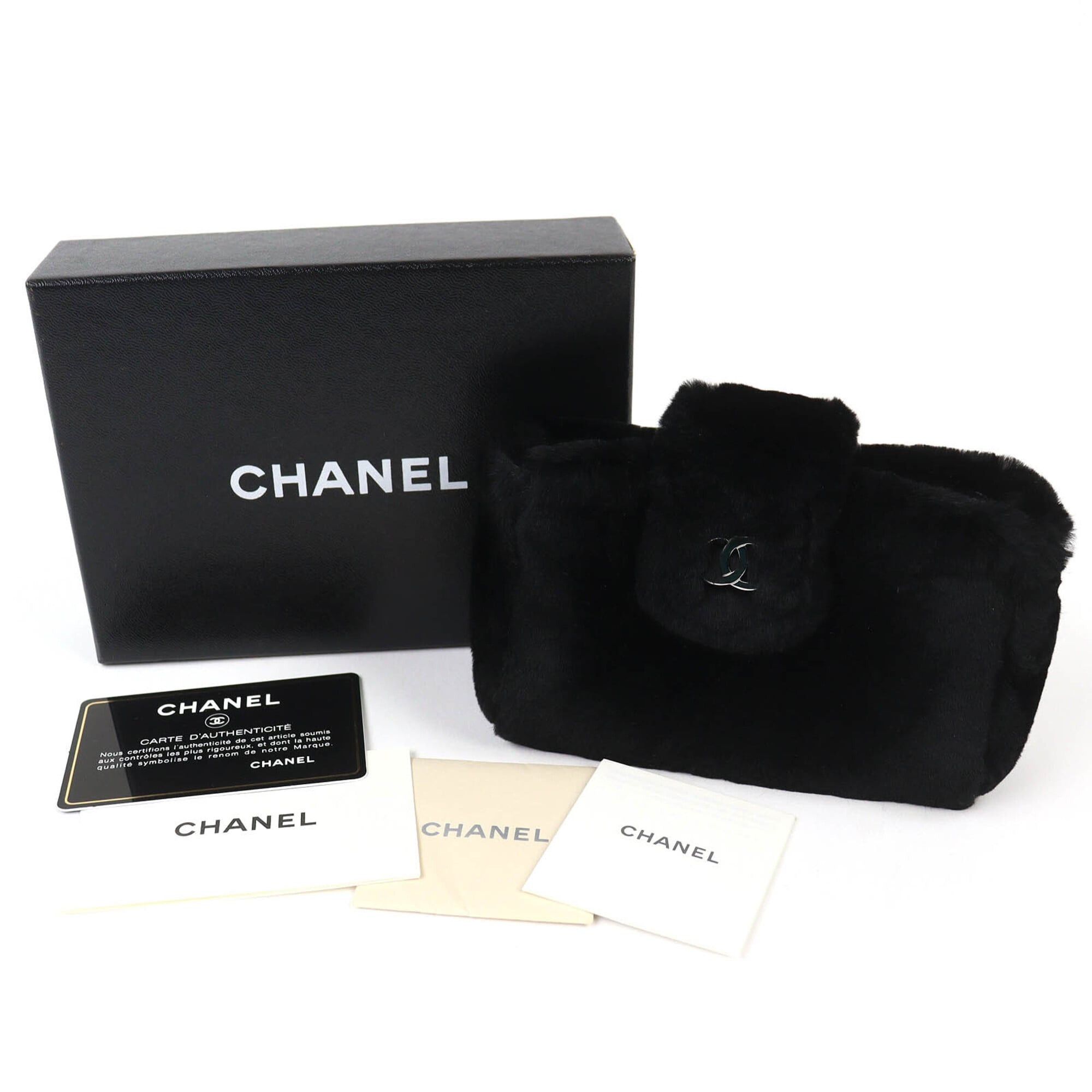 Chanel CHANEL Vintage Coco Mark Leather and Orilag Fur Pouch, Black with Silver Hardware, Comes Box, Made in Italy, Women's. Size ONE SIZE - 2 Thumbnail