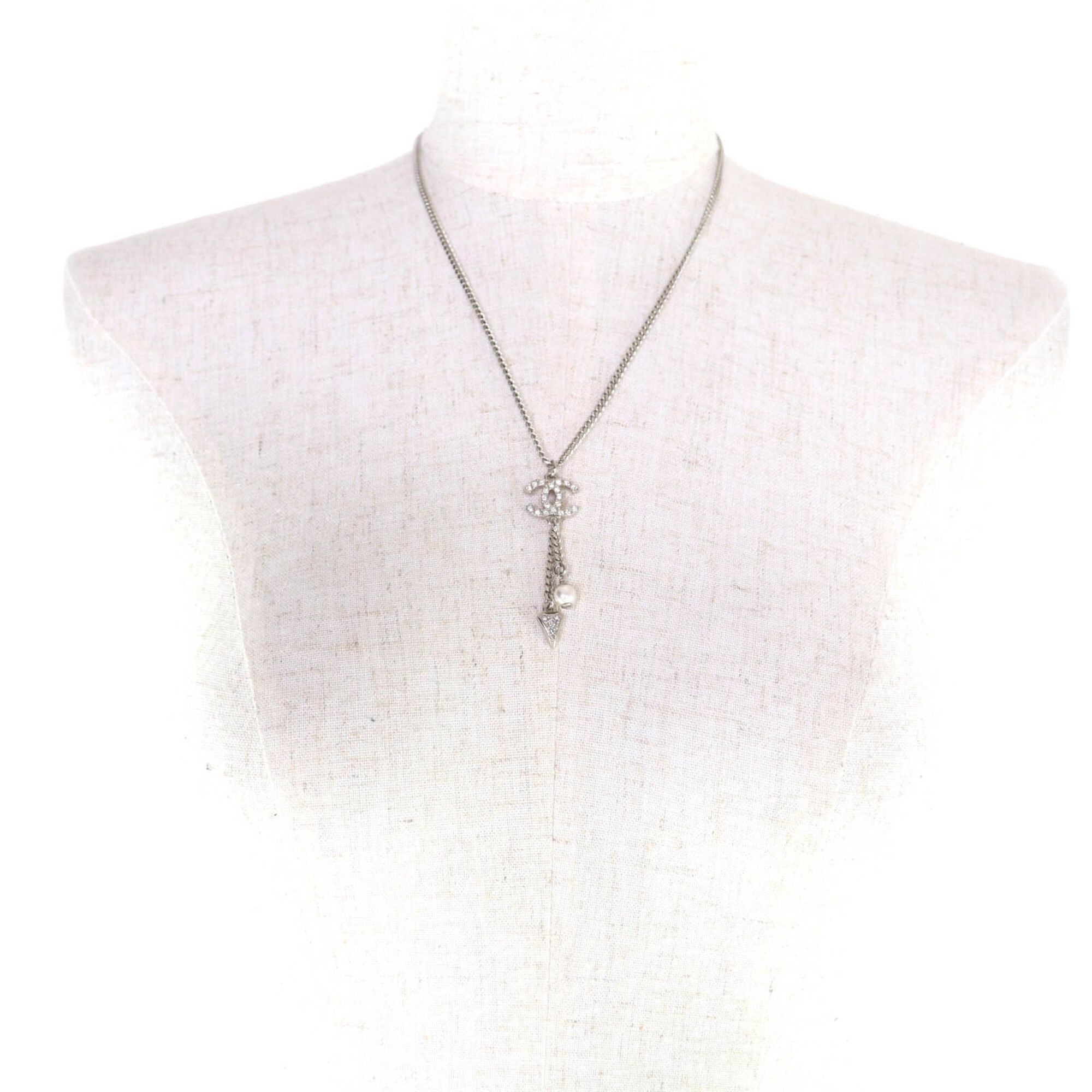 Chanel CHANEL F25C Coco Mark Rhinestone Faux Pearl Necklace Pendant, Silver, Made in France, Women's Size ONE SIZE - 3 Thumbnail