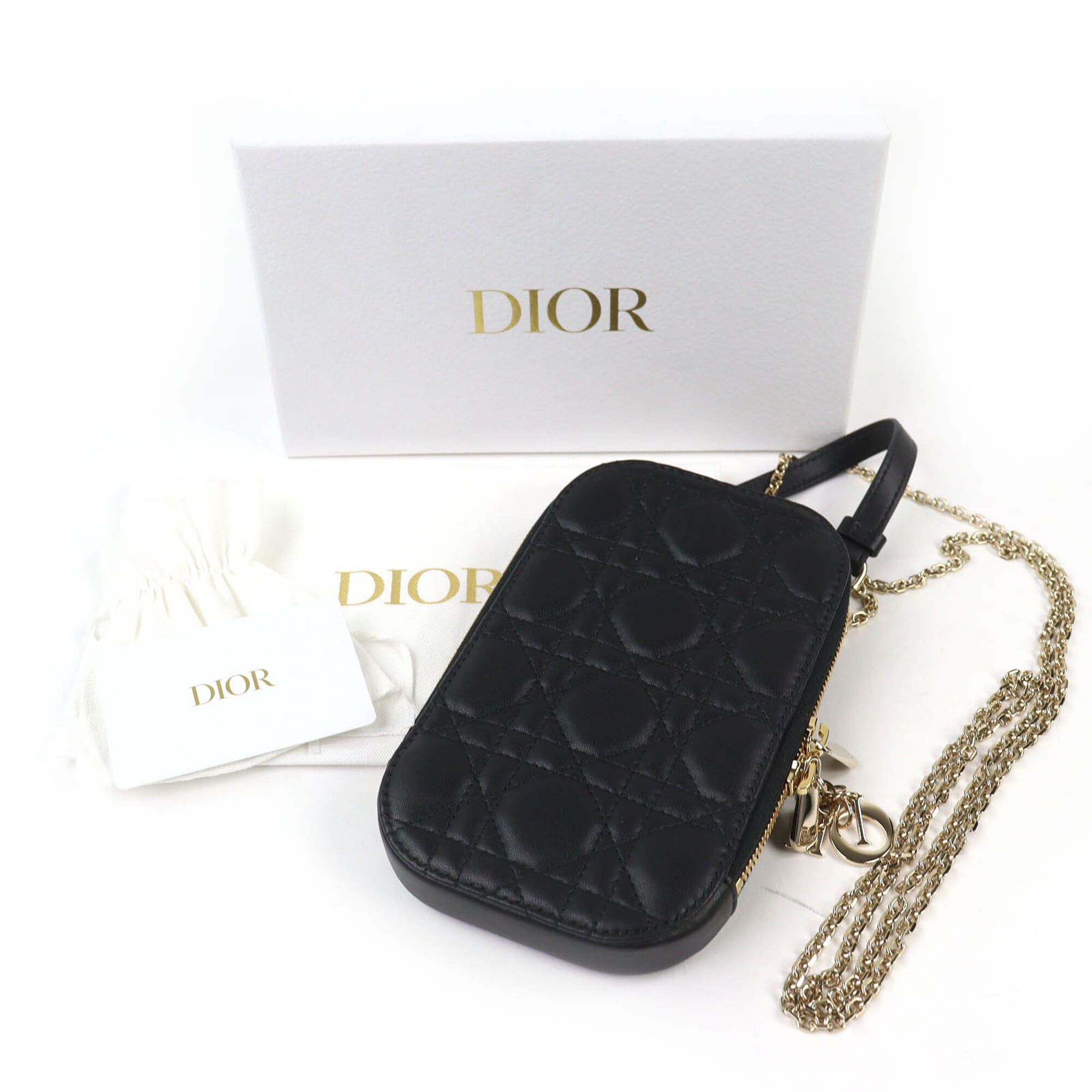 Dior Christian Dior S0872ONMJ Lady Cannage Phone Pouch, Lambskin, Black, Gold Hardware, Made in Italy, Women's. Size ONE SIZE - 2 Thumbnail
