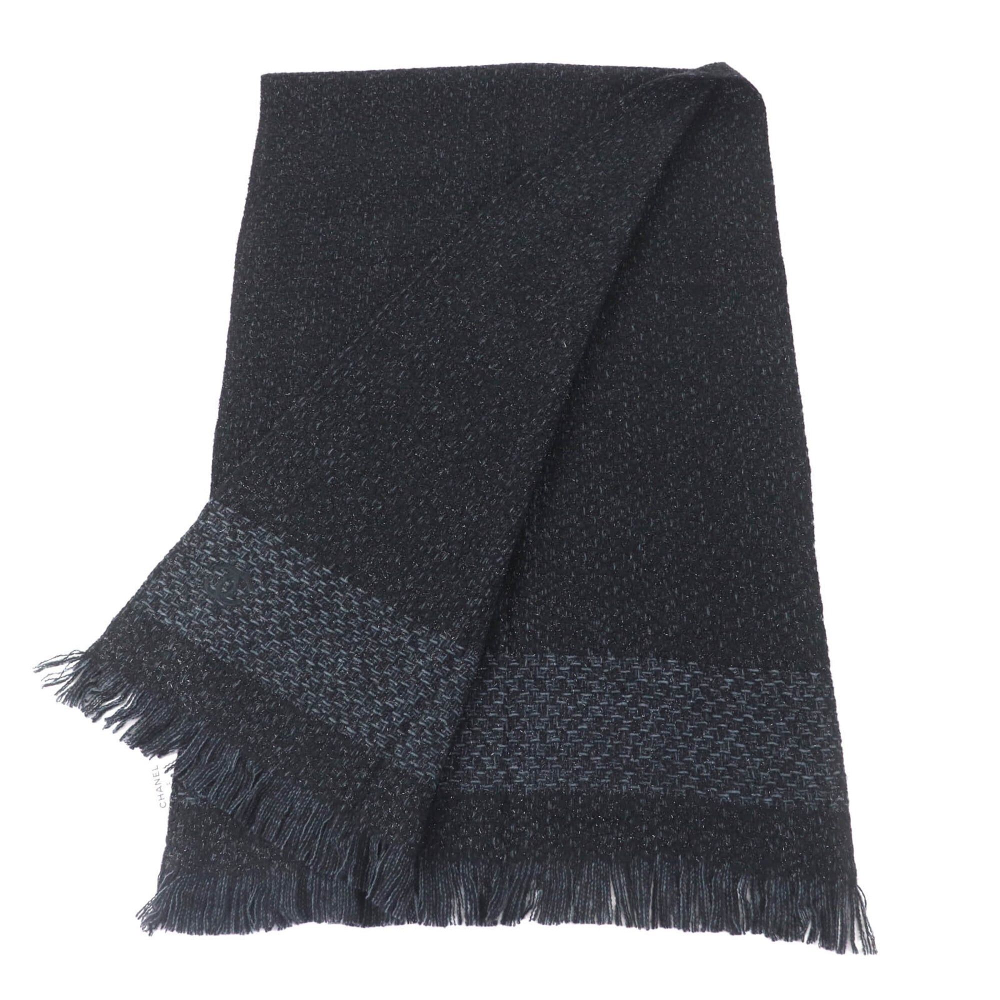 Chanel CHANEL Cashmere Blend Large Stole/Shawl with Coco Mark Embroidery, Glitter, and Fringe - Black & Blue Comes Box Made in Italy Authentic Women's Size ONE SIZE - 3 Thumbnail