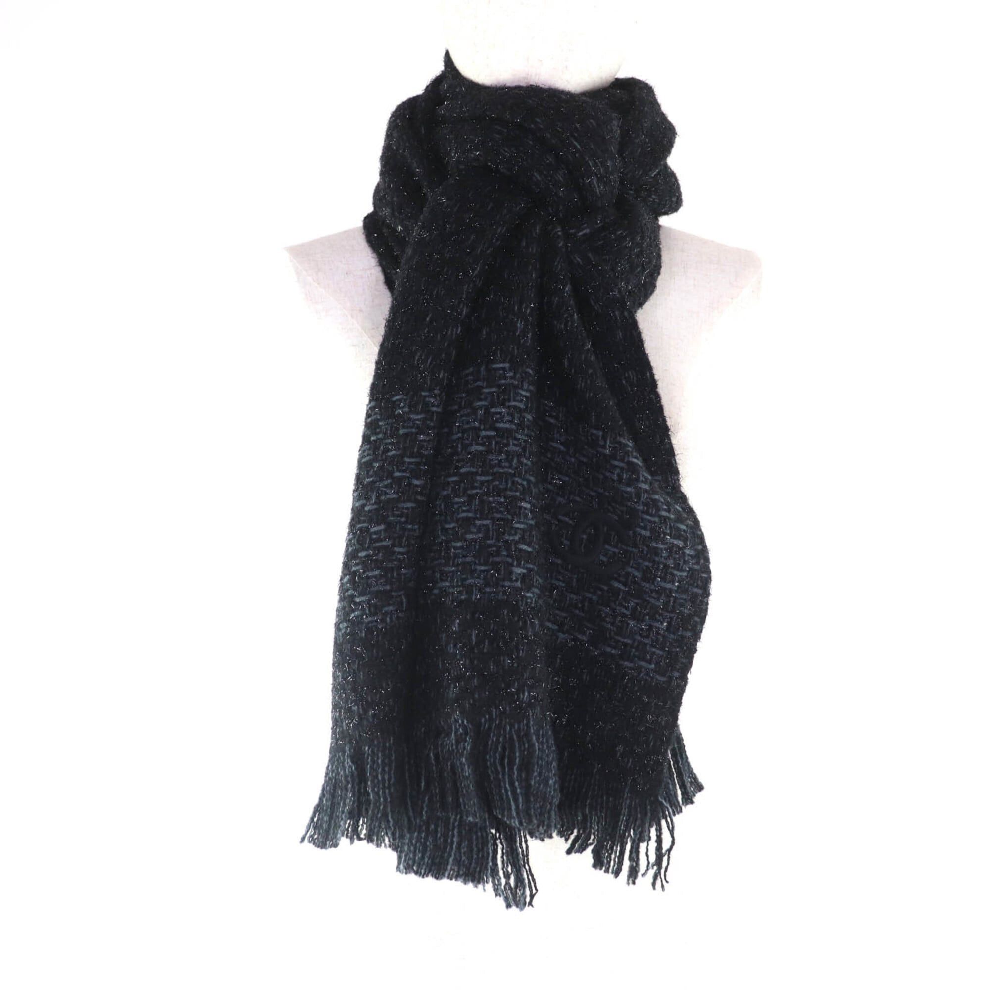 Chanel CHANEL Cashmere Blend Large Stole/Shawl with Coco Mark Embroidery, Glitter, and Fringe - Black & Blue Comes Box Made in Italy Authentic Women's Size ONE SIZE - 7 Thumbnail