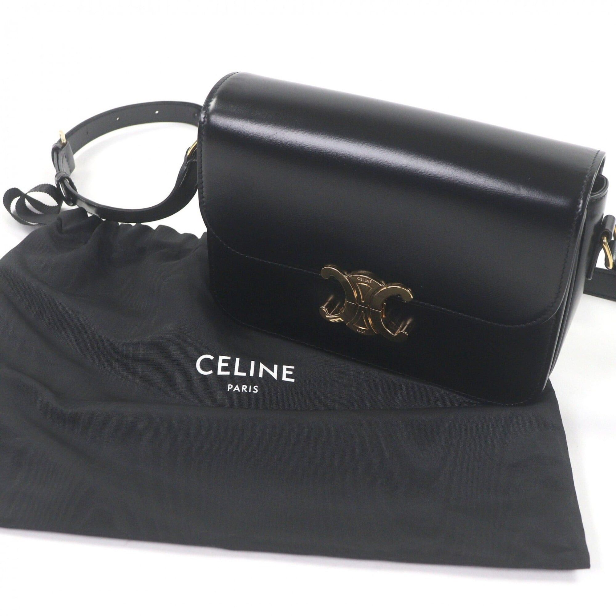 Celine CELINE Teen Shiny Calfskin Leather Triomphe Hardware Shoulder Bag Black Gold with Dust Women's Size ONE SIZE - 2 Thumbnail