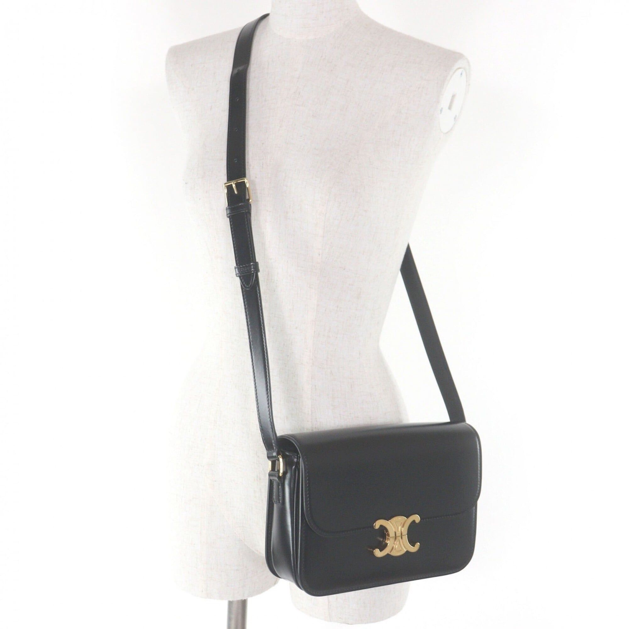 Celine CELINE Teen Shiny Calfskin Leather Triomphe Hardware Shoulder Bag Black Gold with Dust Women's Size ONE SIZE - 3 Thumbnail