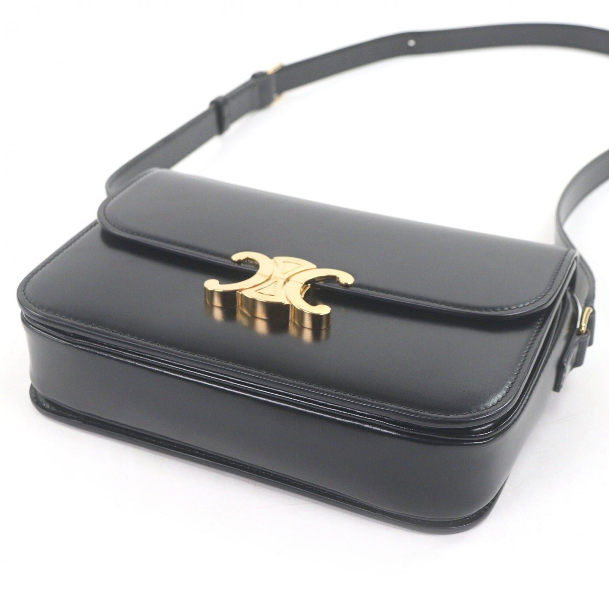 Celine CELINE Teen Shiny Calfskin Leather Triomphe Hardware Shoulder Bag Black Gold with Dust Women's Size ONE SIZE - 5 Thumbnail