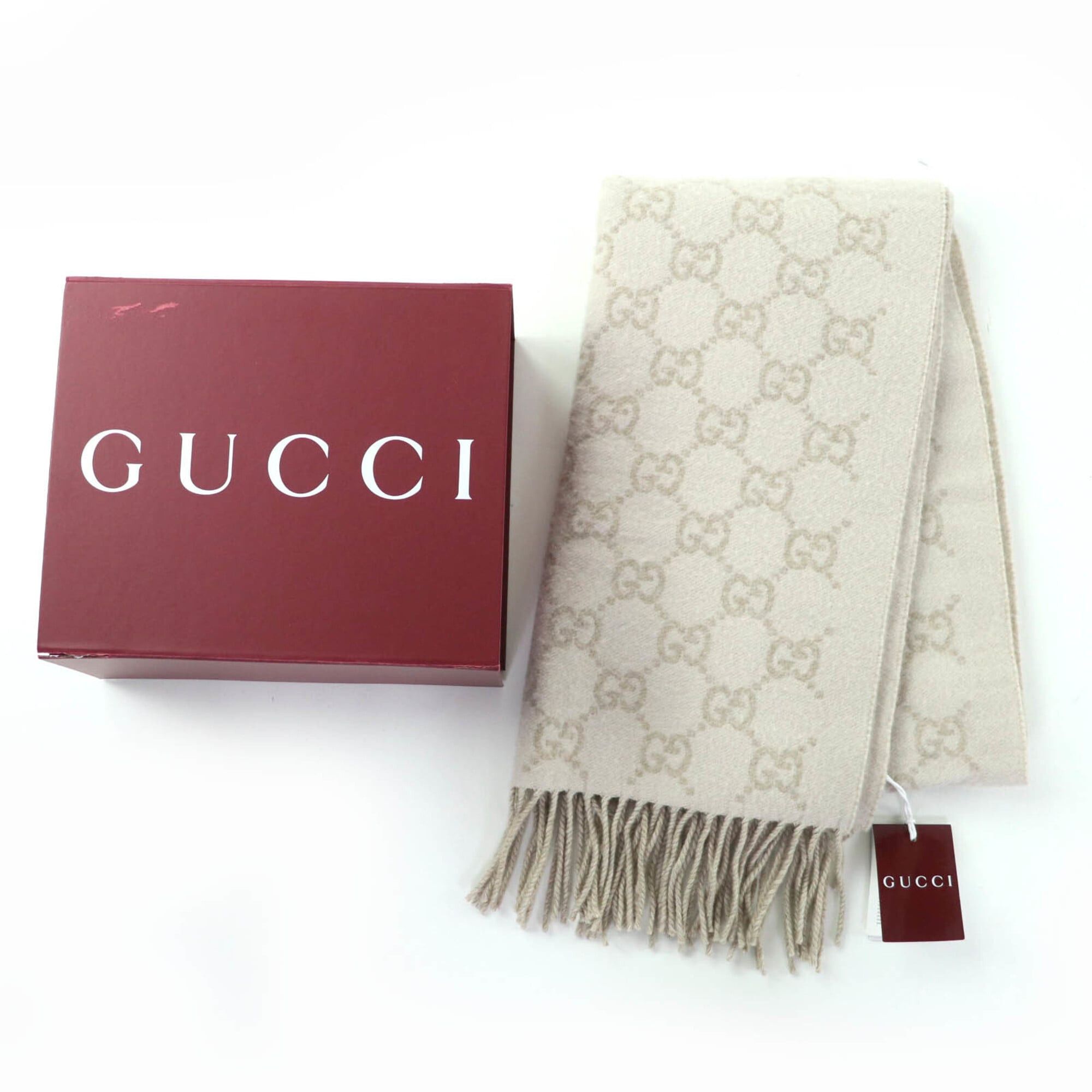 Gucci GUCCI 812317 100% Cashmere GG Pattern Scarf, Current Model, Beige, 45 x 190cm, with Box, Made in Italy, Authentic, Women's. Size ONE SIZE - 2 Thumbnail