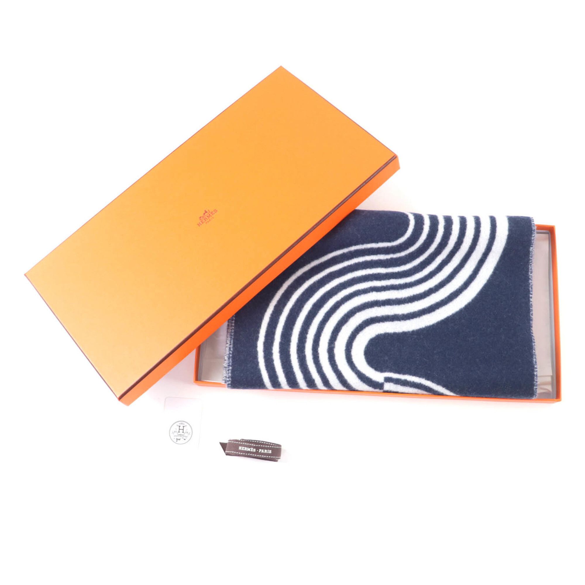 Hermes HERMES Casaque Vague 100% Cashmere Fringed Scarf, Navy and White, with Box, Made in England, Women's Size ONE SIZE - 2 Thumbnail