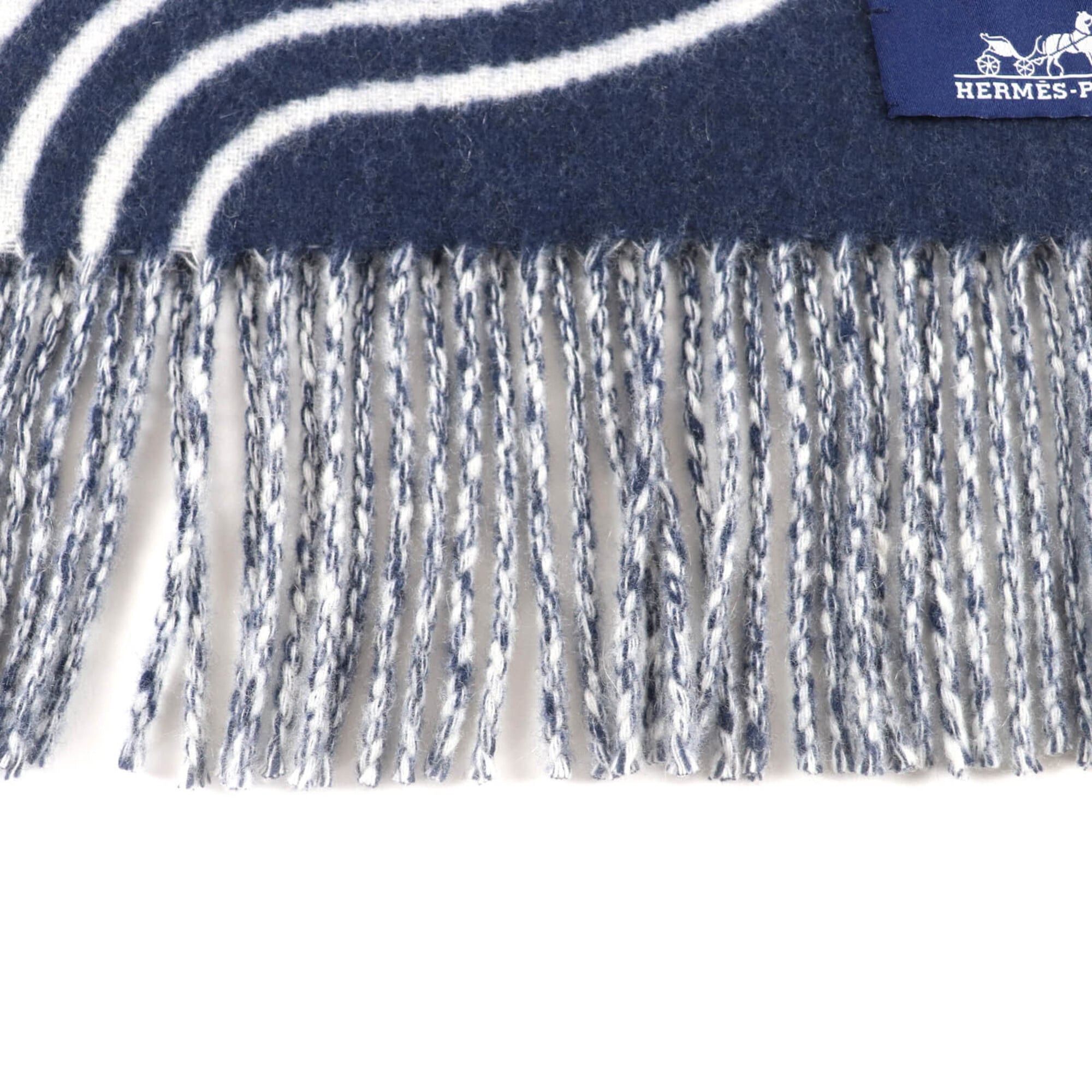 Hermes HERMES Casaque Vague 100% Cashmere Fringed Scarf, Navy and White, with Box, Made in England, Women's Size ONE SIZE - 5 Thumbnail
