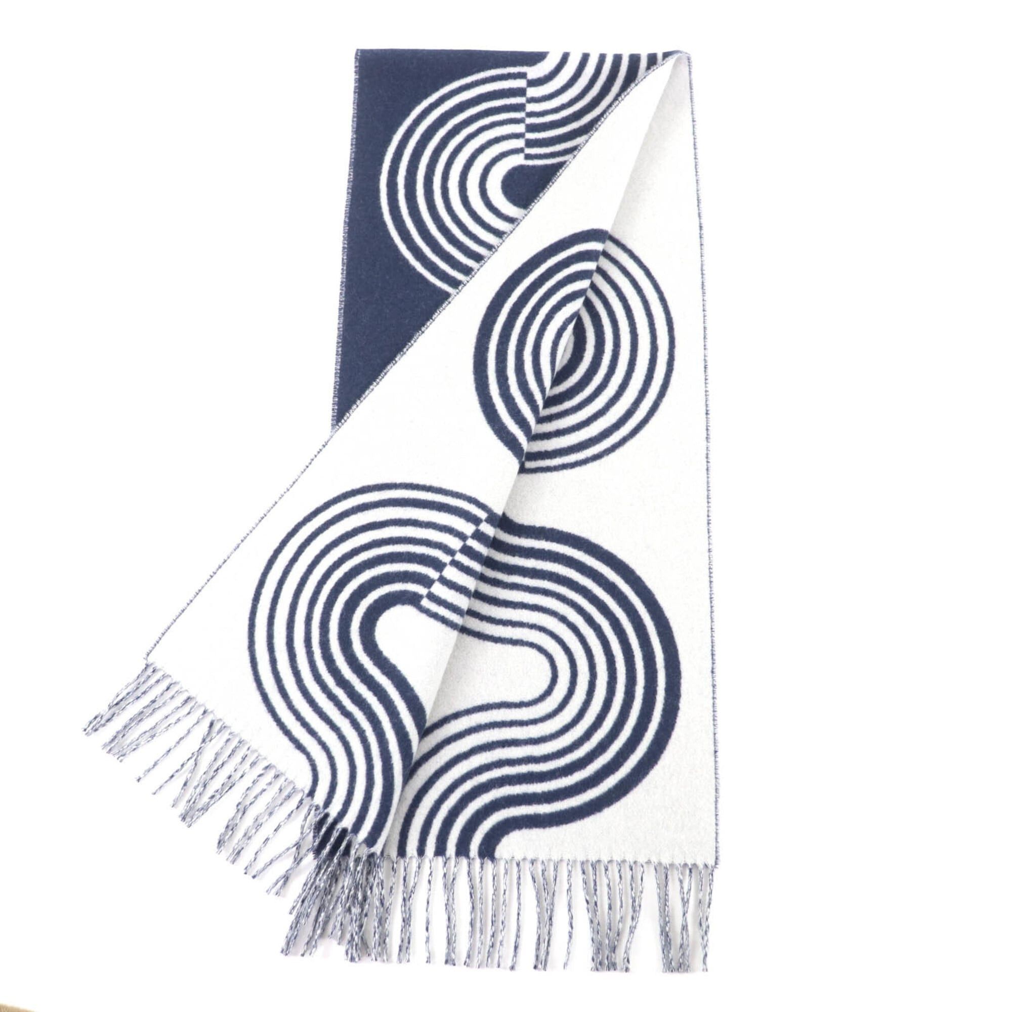 Hermes HERMES Casaque Vague 100% Cashmere Fringed Scarf, Navy and White, with Box, Made in England, Women's Size ONE SIZE - 3 Thumbnail