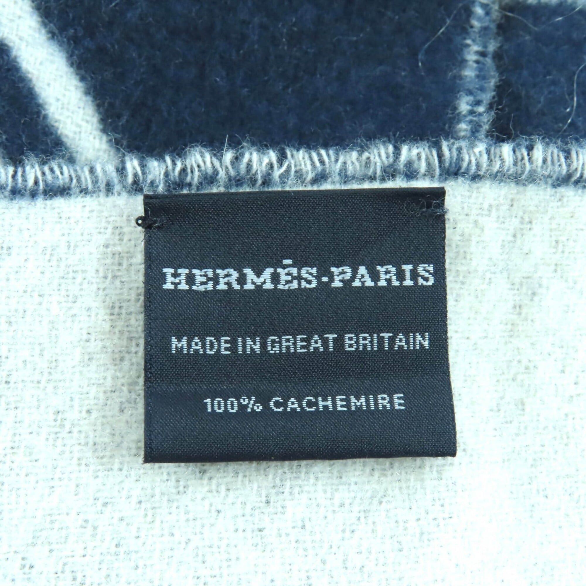 Hermes HERMES Casaque Vague 100% Cashmere Fringed Scarf, Navy and White, with Box, Made in England, Women's Size ONE SIZE - 7 Thumbnail