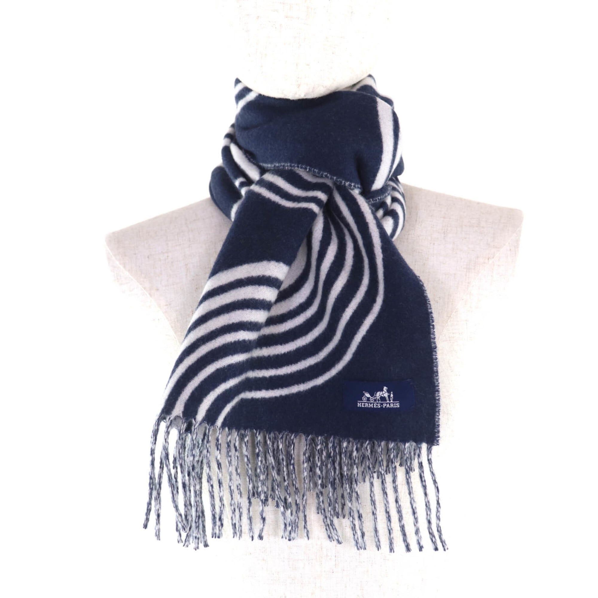 Hermes HERMES Casaque Vague 100% Cashmere Fringed Scarf, Navy and White, with Box, Made in England, Women's Size ONE SIZE - 4 Thumbnail