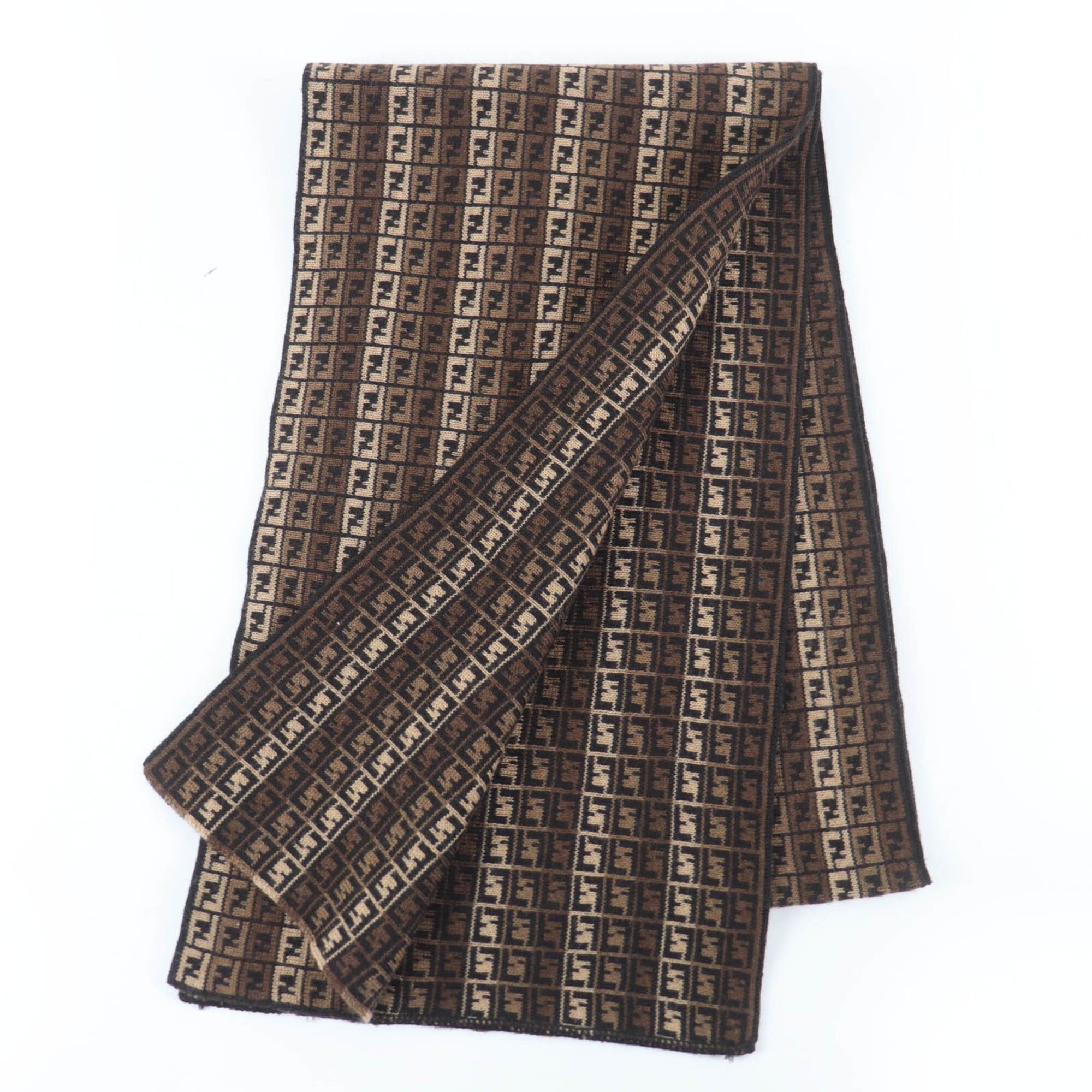 Fendi FENDI 100% Wool FF Logo Micro Zucca Pattern Knit Scarf, Brown, Made in Italy, Women's & Men's Size ONE SIZE - 2 Thumbnail