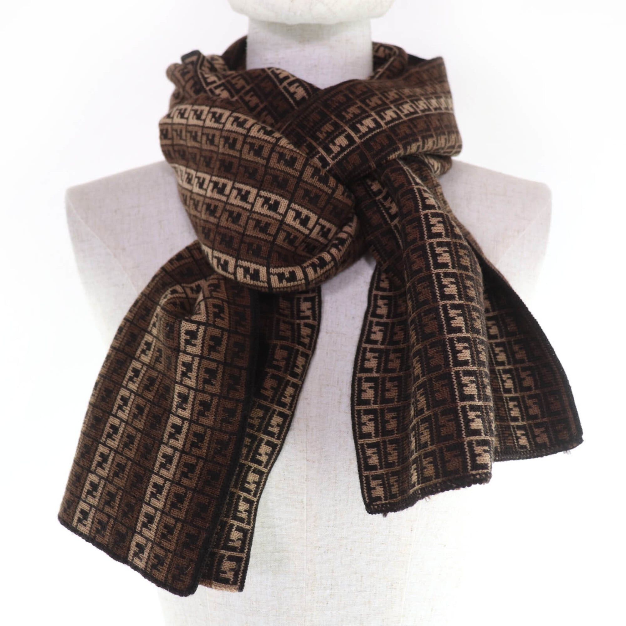 Fendi FENDI 100% Wool FF Logo Micro Zucca Pattern Knit Scarf, Brown, Made in Italy, Women's & Men's Size ONE SIZE - 3 Thumbnail