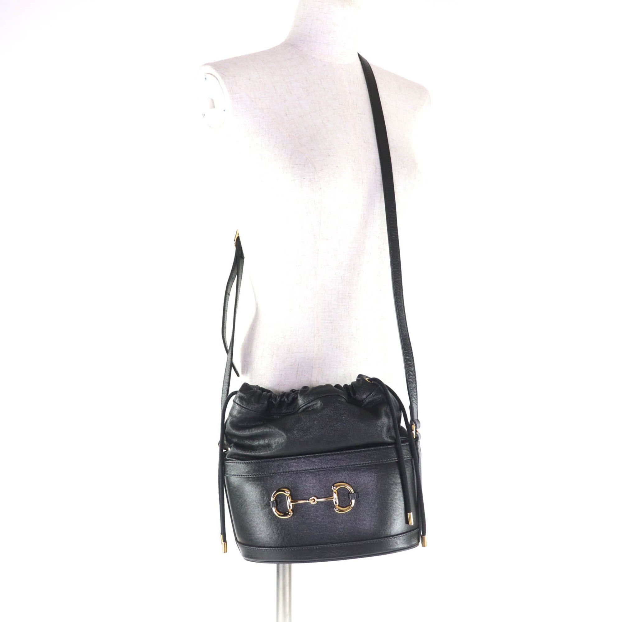 Gucci GUCCI 602118 Horsebit Leather Bucket Bag Shoulder Black Gold Hardware with Dust Made in Italy Women's Size ONE SIZE - 6 Thumbnail