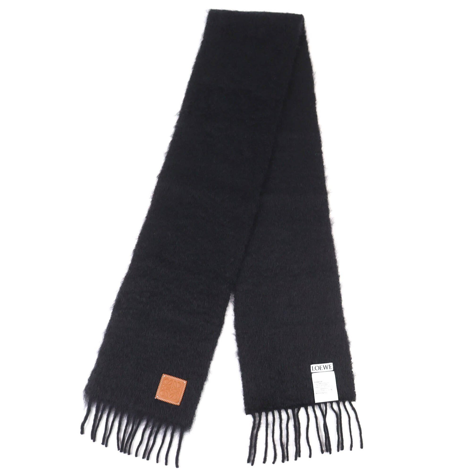 Loewe LOEWE Mohair Wool Anagram Leather Patch Fringe Long Scarf, Black, Made in Spain, Authentic, Women's Size ONE SIZE - 2 Thumbnail