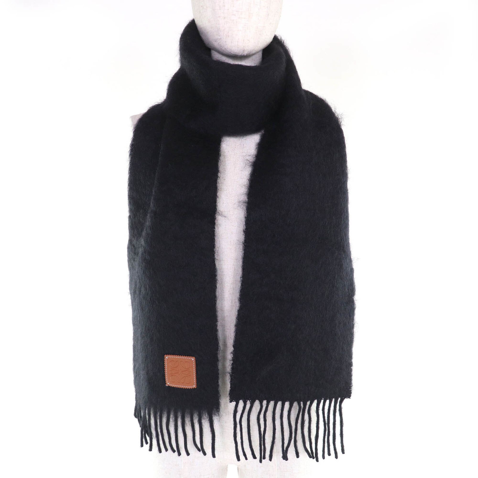 Loewe LOEWE Mohair Wool Anagram Leather Patch Fringe Long Scarf, Black, Made in Spain, Authentic, Women's Size ONE SIZE - 3 Thumbnail