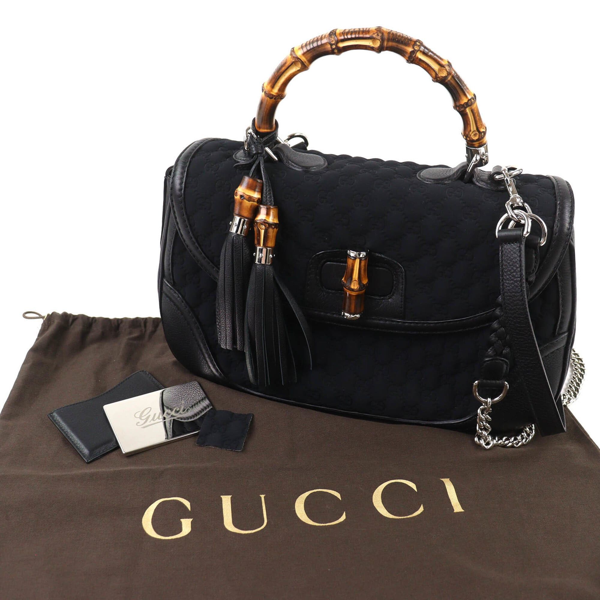 Gucci GUCCI 240241 Leather Microssima New Bamboo 2-Way Handbag Chain Shoulder Bag Black Silver Hardware with Dust Made in Italy Women's Size ONE SIZE - 2 Thumbnail
