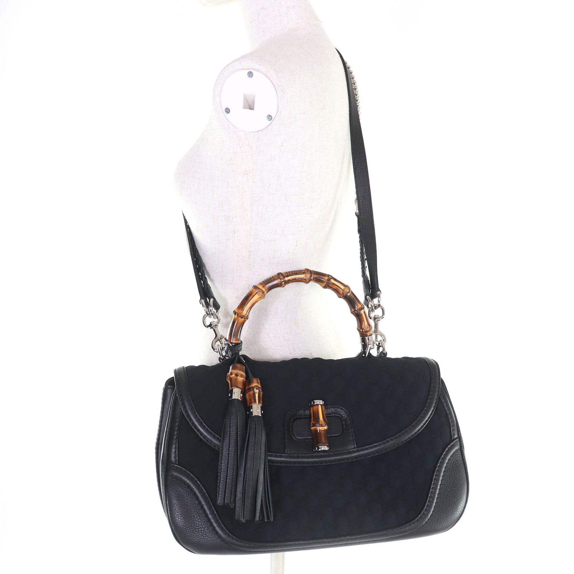 Gucci GUCCI 240241 Leather Microssima New Bamboo 2-Way Handbag Chain Shoulder Bag Black Silver Hardware with Dust Made in Italy Women's Size ONE SIZE - 8 Thumbnail