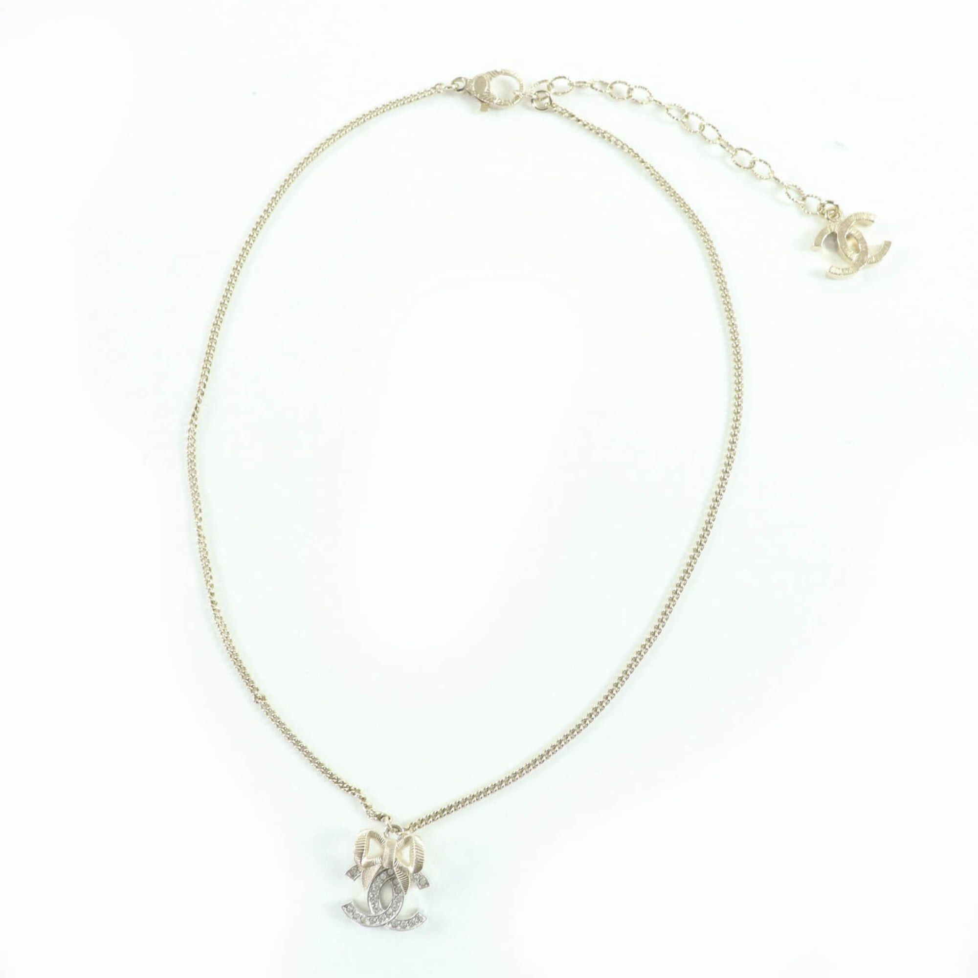 Chanel CHANEL B24K Coco Mark Ribbon Rhinestone Necklace, Champagne Gold, with Box, Made in Italy, Women's Size ONE SIZE - 3 Thumbnail