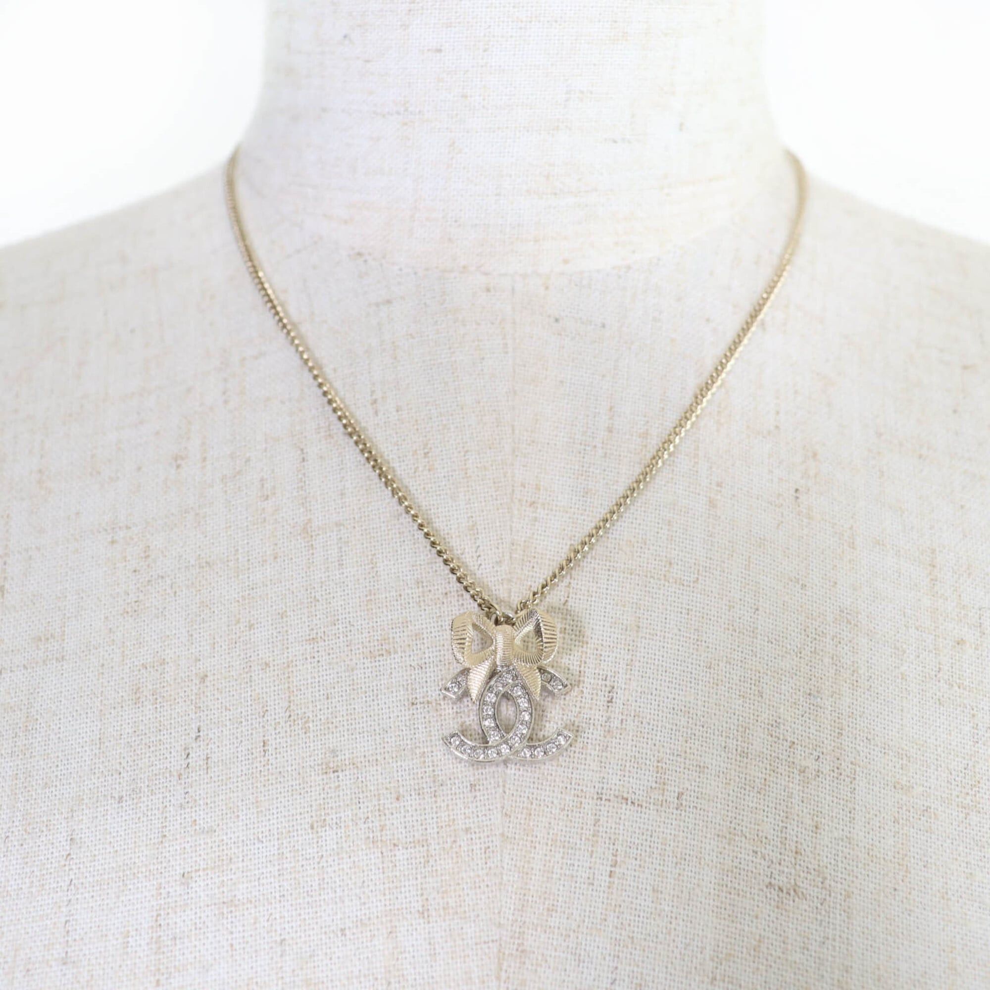 Chanel CHANEL B24K Coco Mark Ribbon Rhinestone Necklace, Champagne Gold, with Box, Made in Italy, Women's Size ONE SIZE - 4 Thumbnail