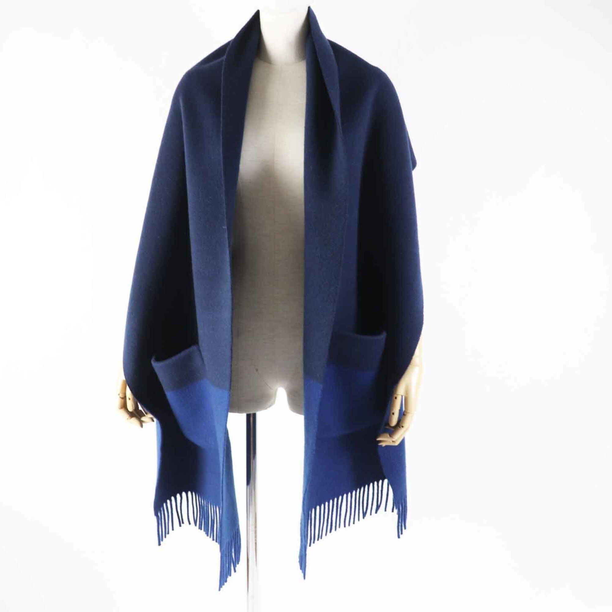 Hermes HERMES H259096S 100% Cashmere, Silk Lining in Pockets, Allumette Pocket, Bi-color, Fringed Scarf/Stole, Navy Blue, Made Italy, Women's Size ONE SIZE - 4 Thumbnail