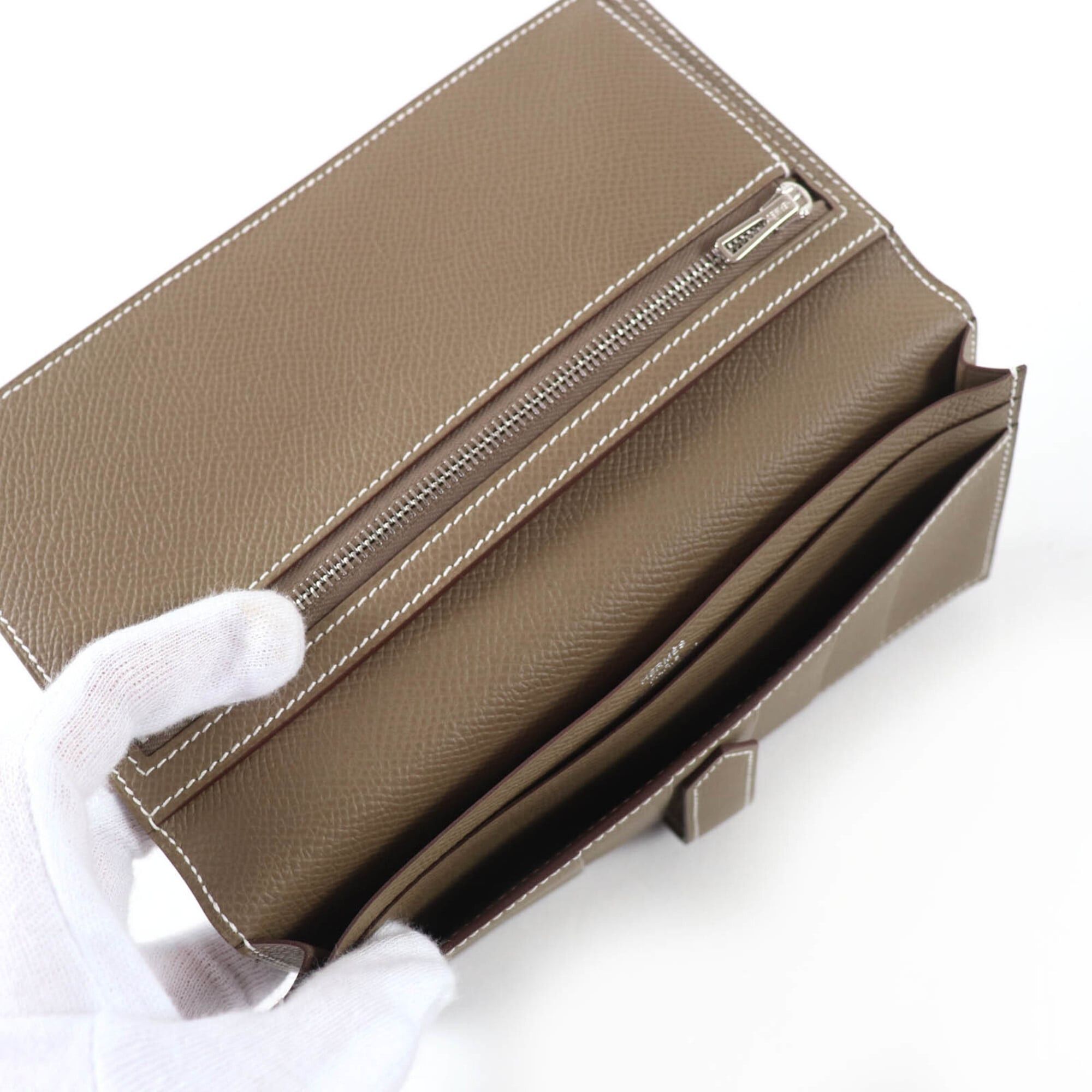 Hermes HERMES Bearn Soufflé Etoupe Silver Hardware Leather Long Wallet, W Stamp, with Box, Made in France, Women's Size ONE SIZE - 7 Thumbnail