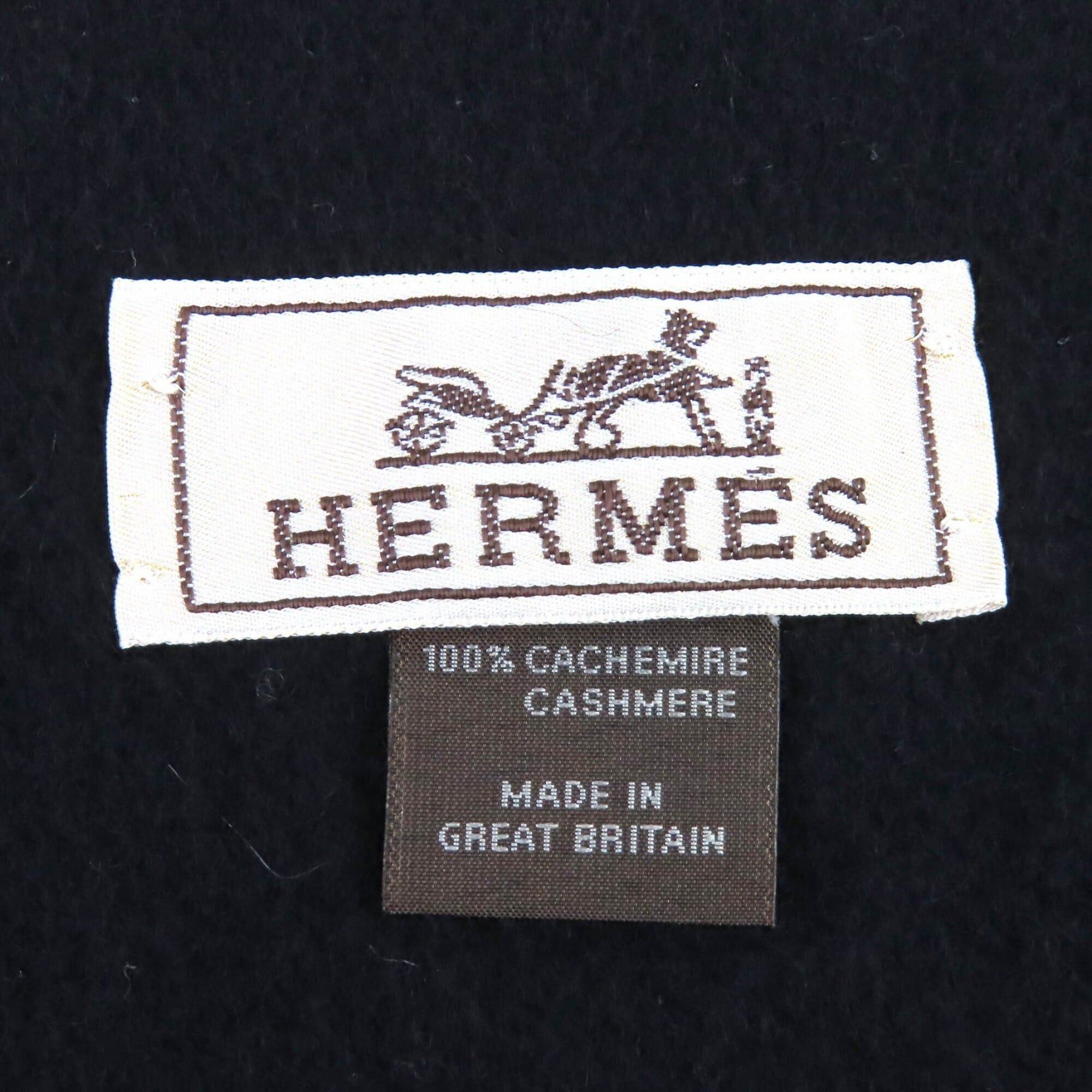Hermes HERMES 100% Cashmere Scarf/Stole with Logo Embroidery and Fringe, Simple Design, Black, Made in England, Men's/Women's. Size ONE SIZE - 7 Thumbnail