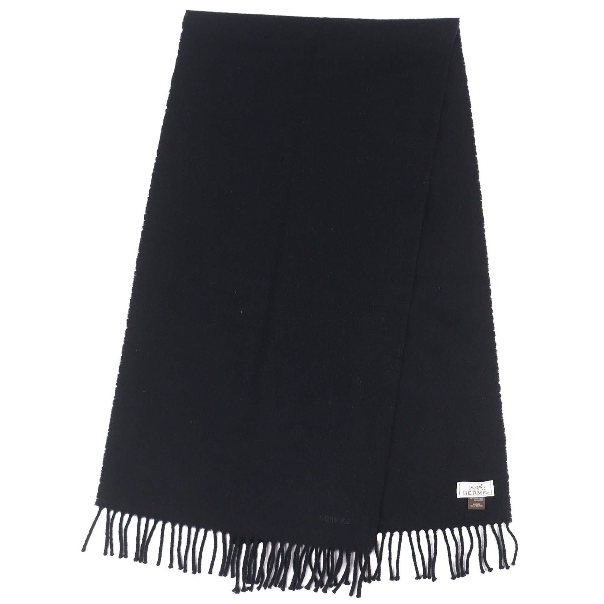Hermes HERMES 100% Cashmere Scarf/Stole with Logo Embroidery and Fringe, Simple Design, Black, Made in England, Men's/Women's. Size ONE SIZE - 2 Thumbnail