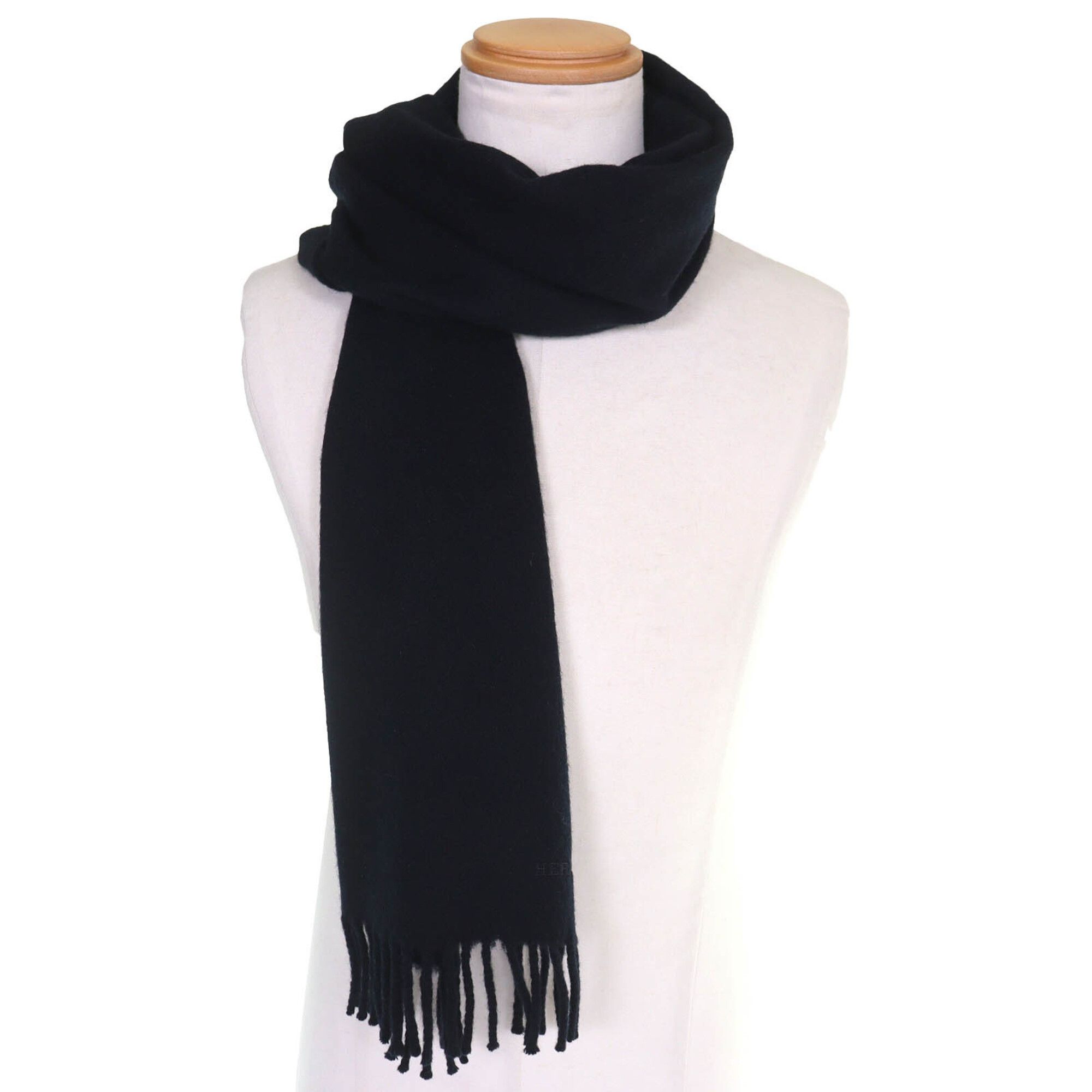Hermes HERMES 100% Cashmere Scarf/Stole with Logo Embroidery and Fringe, Simple Design, Black, Made in England, Men's/Women's. Size ONE SIZE - 3 Thumbnail