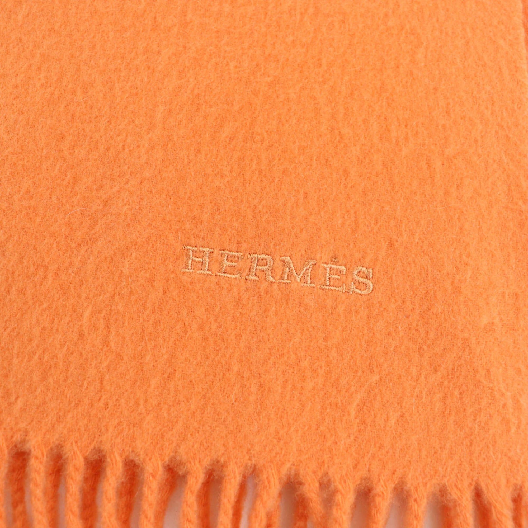 Hermes HERMES 100% Cashmere Logo Embroidered Fringe Large Shawl Stole Scarf Orange Women's Size ONE SIZE - 6 Thumbnail