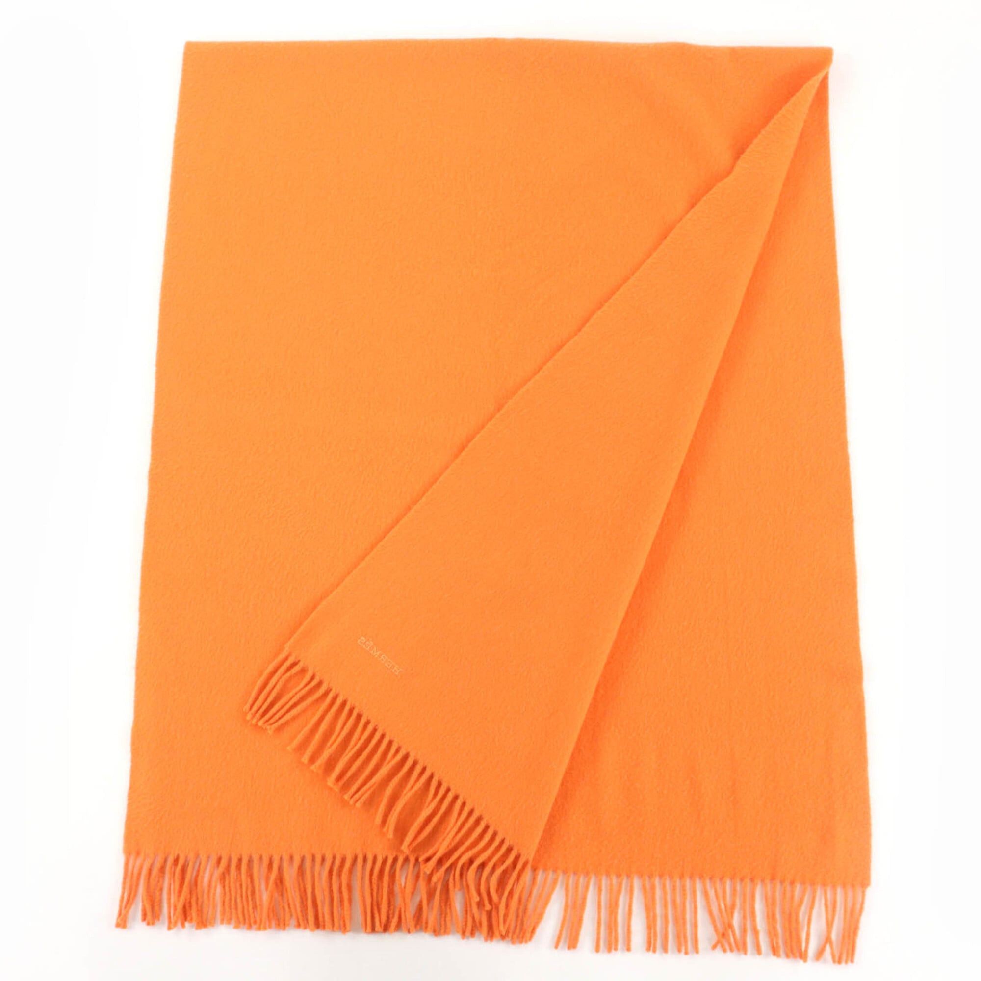 Hermes HERMES 100% Cashmere Logo Embroidered Fringe Large Shawl Stole Scarf Orange Women's Size ONE SIZE - 2 Thumbnail