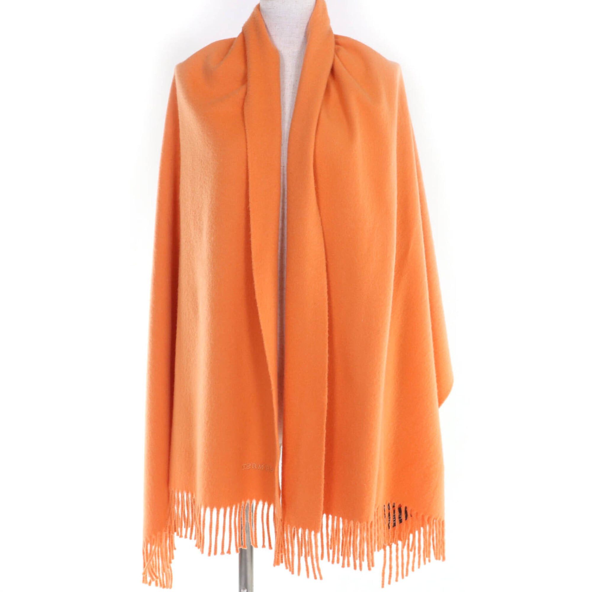 Hermes HERMES 100% Cashmere Logo Embroidered Fringe Large Shawl Stole Scarf Orange Women's Size ONE SIZE - 3 Thumbnail