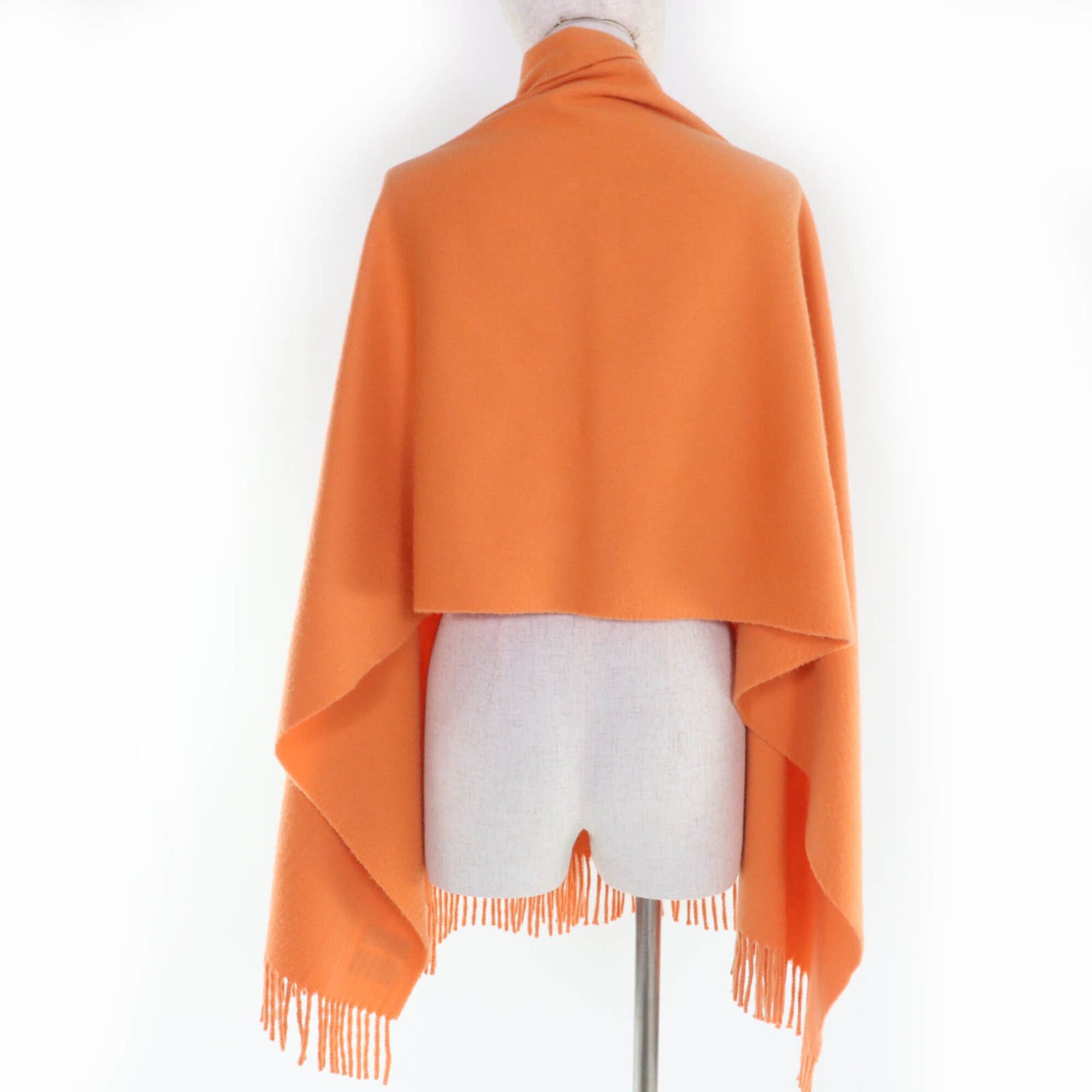 Hermes HERMES 100% Cashmere Logo Embroidered Fringe Large Shawl Stole Scarf Orange Women's Size ONE SIZE - 5 Thumbnail