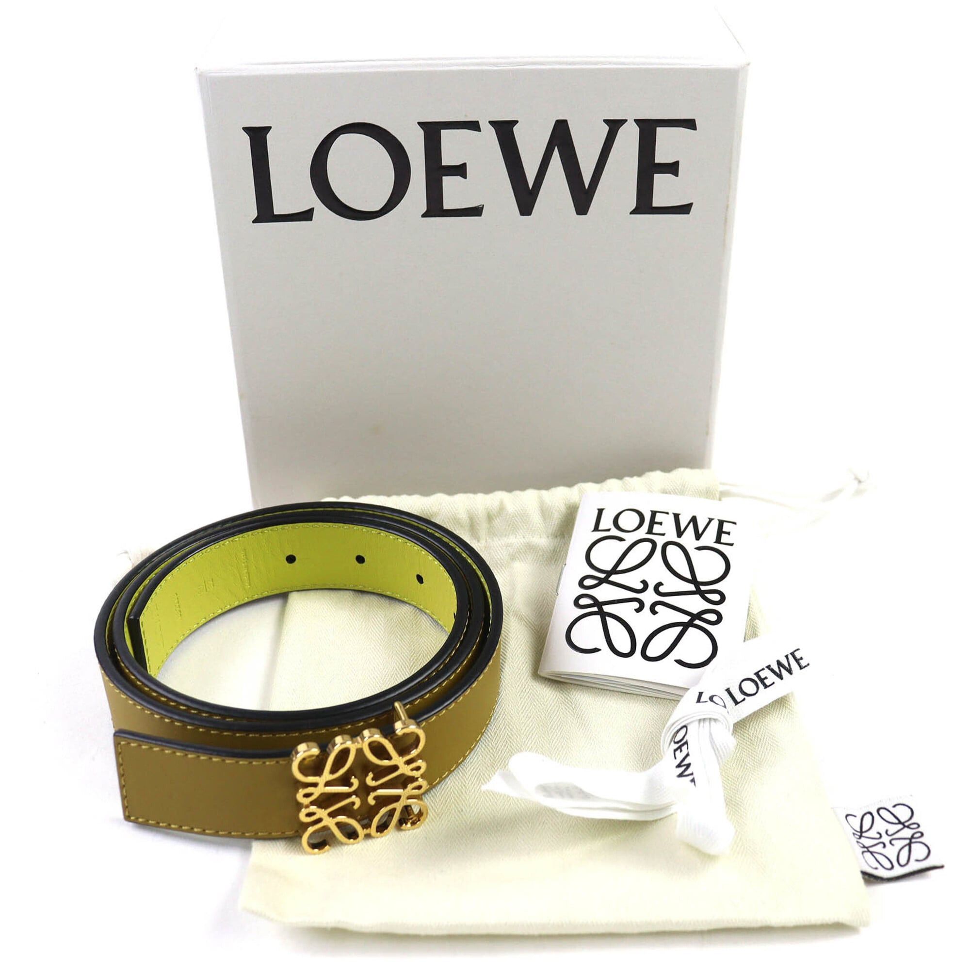 Loewe LOEWE 832213 Anagram Buckle Leather Belt, Olive Green with Yellow and Gold Hardware, Size 80 (32), Comes Box Dust Bag, Made in Spain, Women's. Size ONE SIZE - 2 Thumbnail