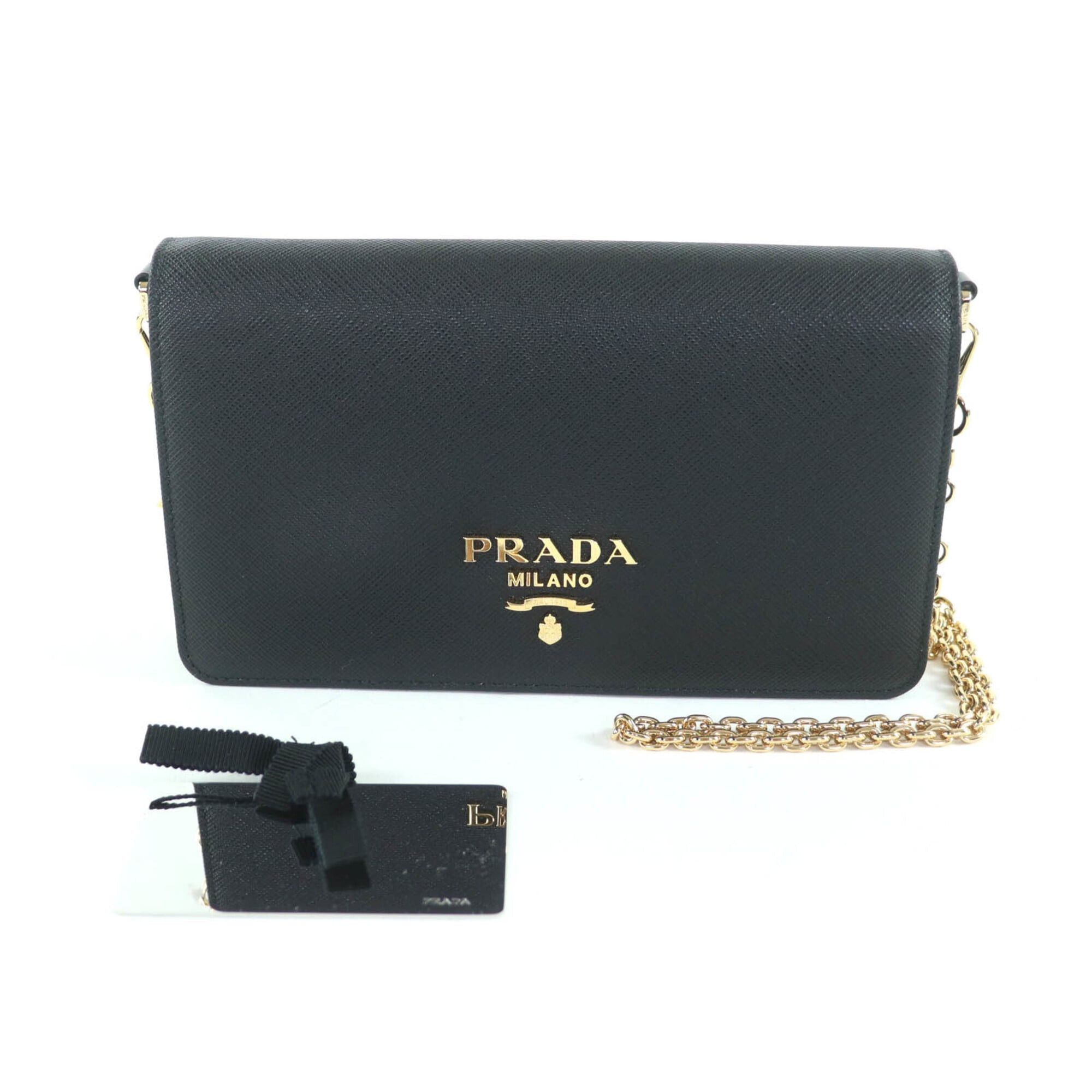 Prada PRADA 1BP053 Saffiano Leather Mini Bag with Triangle Chain, Shoulder Bag, Black, Made in Italy, Women's Size ONE SIZE - 2 Thumbnail