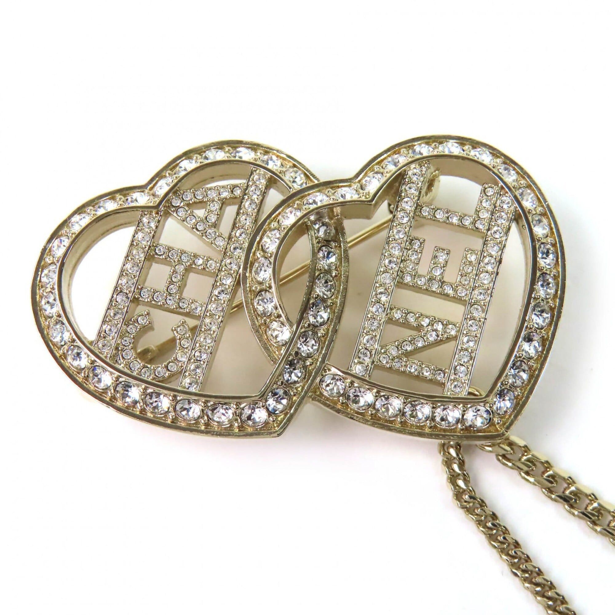 Chanel CHANEL C23B ABB655 Coco Mark Metal Strass Double Heart Chain Brooch Gold Women's Size ONE SIZE - 3 Thumbnail