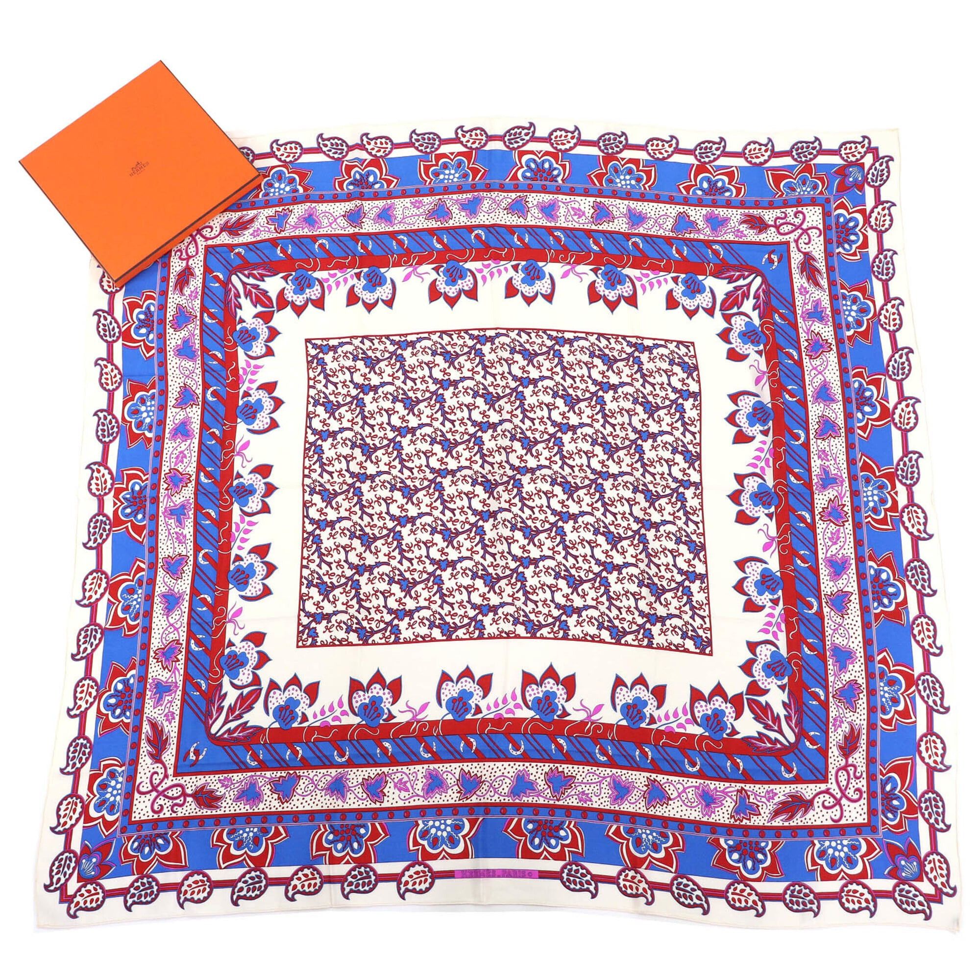 Hermes HERMES 100% Silk Paisley Pattern Stole/Shawl/Scarf in Ivory, Red, and Blue. Comes with original box. Made France. Women's. Size ONE SIZE - 2 Thumbnail