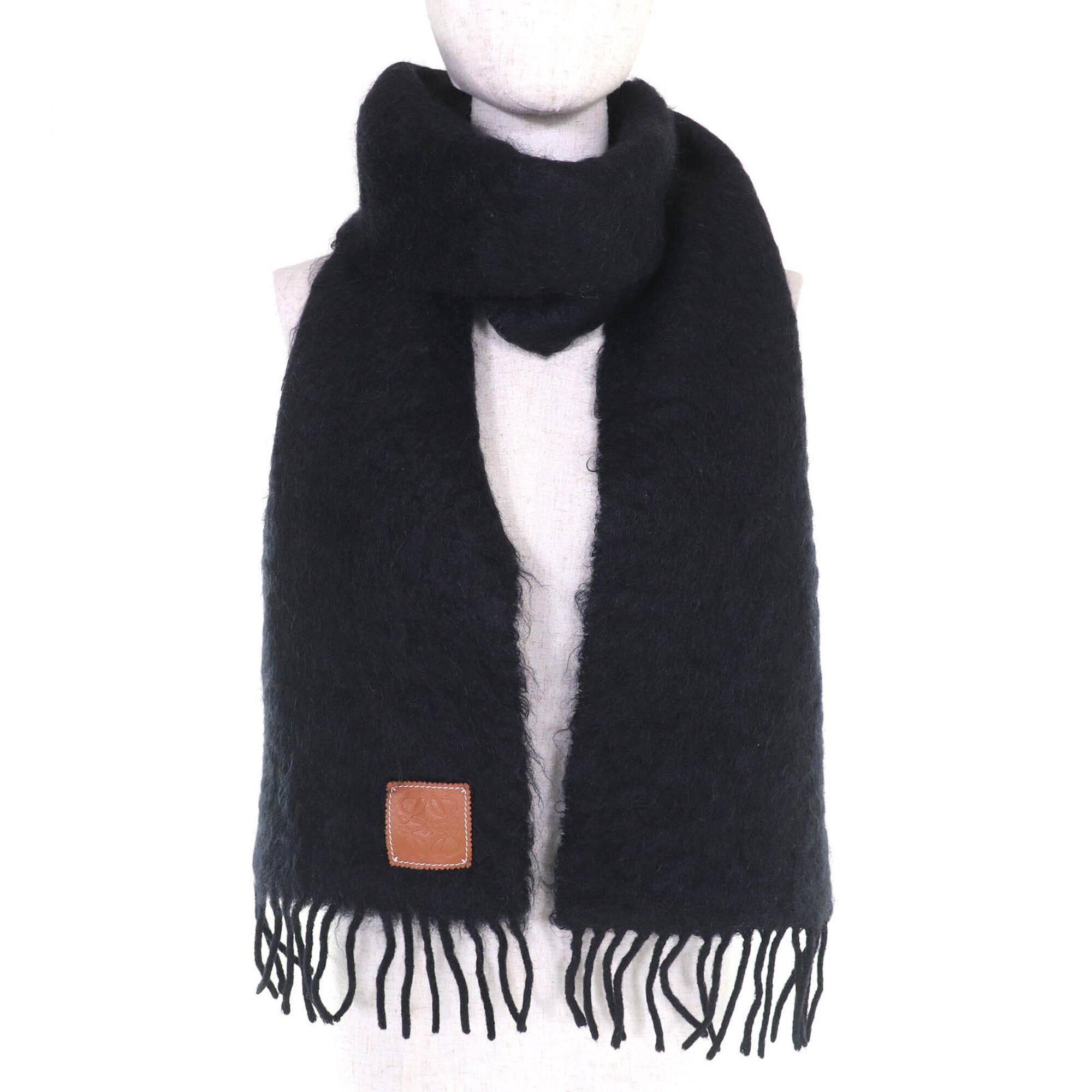 Loewe LOEWE Mohair Wool Anagram Logo Patch Fringe Long Scarf, Black, Made in Spain, Authentic, Women's Size ONE SIZE - 3 Thumbnail
