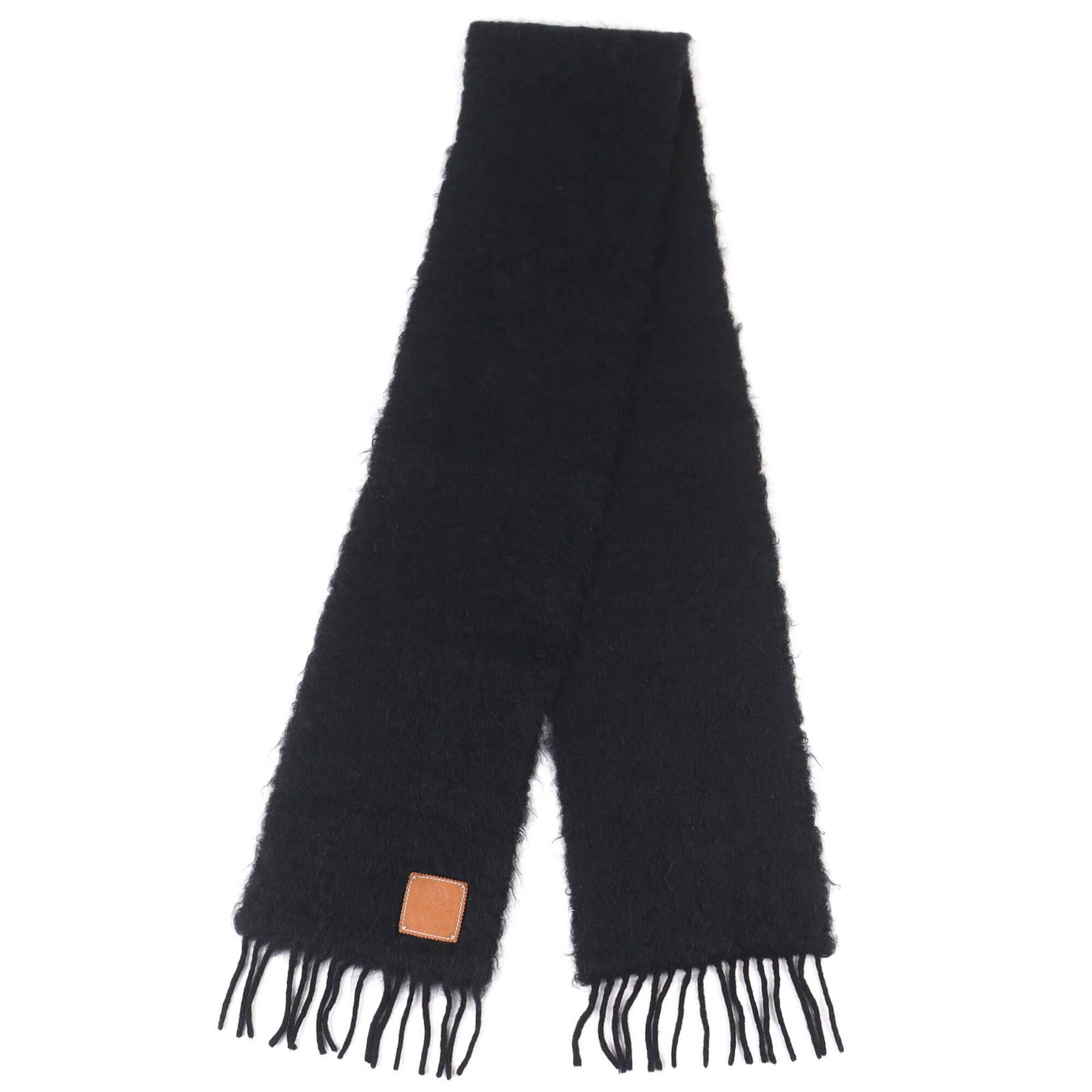 Loewe LOEWE Mohair Wool Anagram Logo Patch Fringe Long Scarf, Black, Made in Spain, Authentic, Women's Size ONE SIZE - 2 Thumbnail