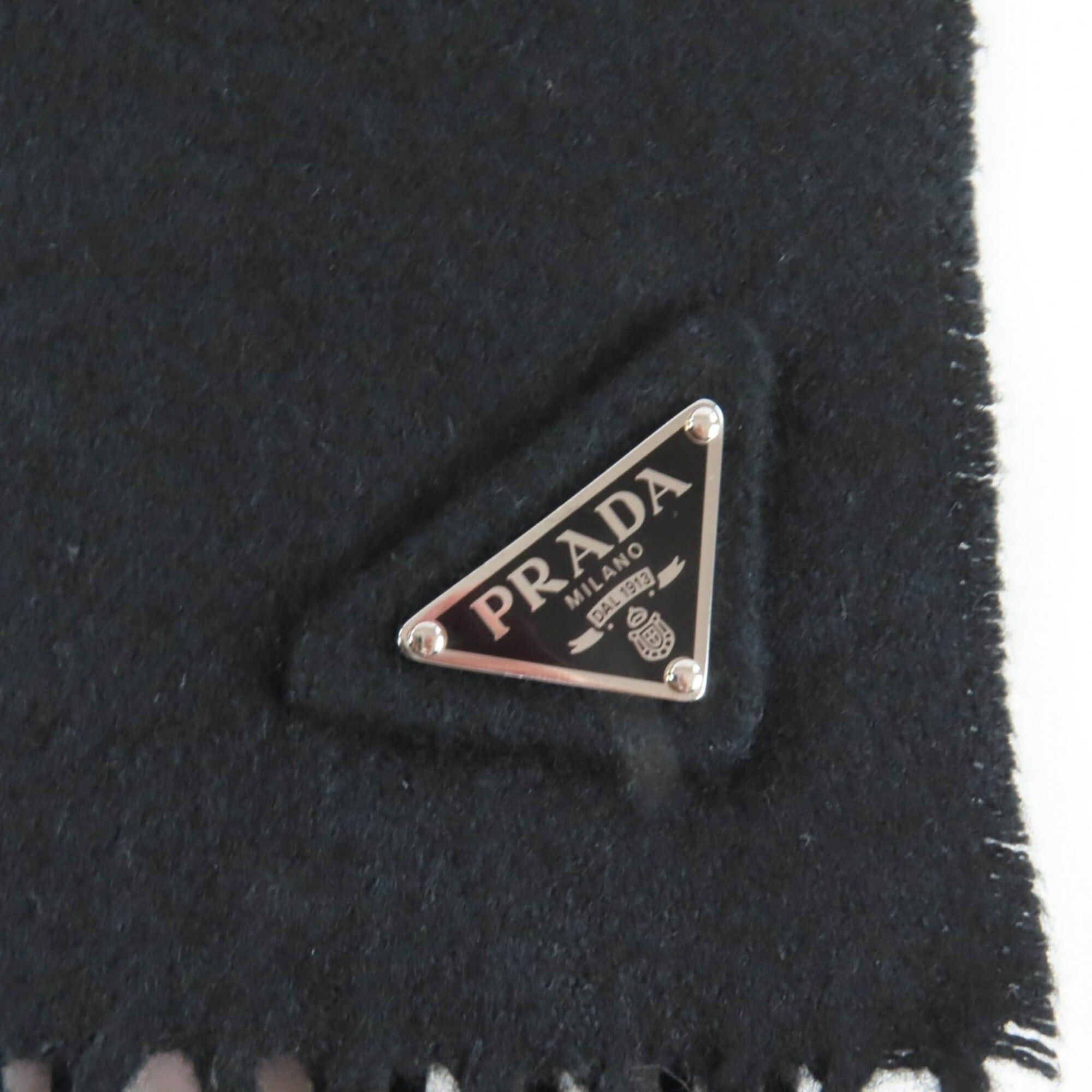 Prada PRADA (Prada) 2023 model 1FS047 Silk Cashmere Blend Fringe Scarf with Triangle Logo Plate, Black, 1700 x 350mm, Box, Made in Italy, Authentic, Men's/Women's. Size ONE SIZE - 6 Thumbnail