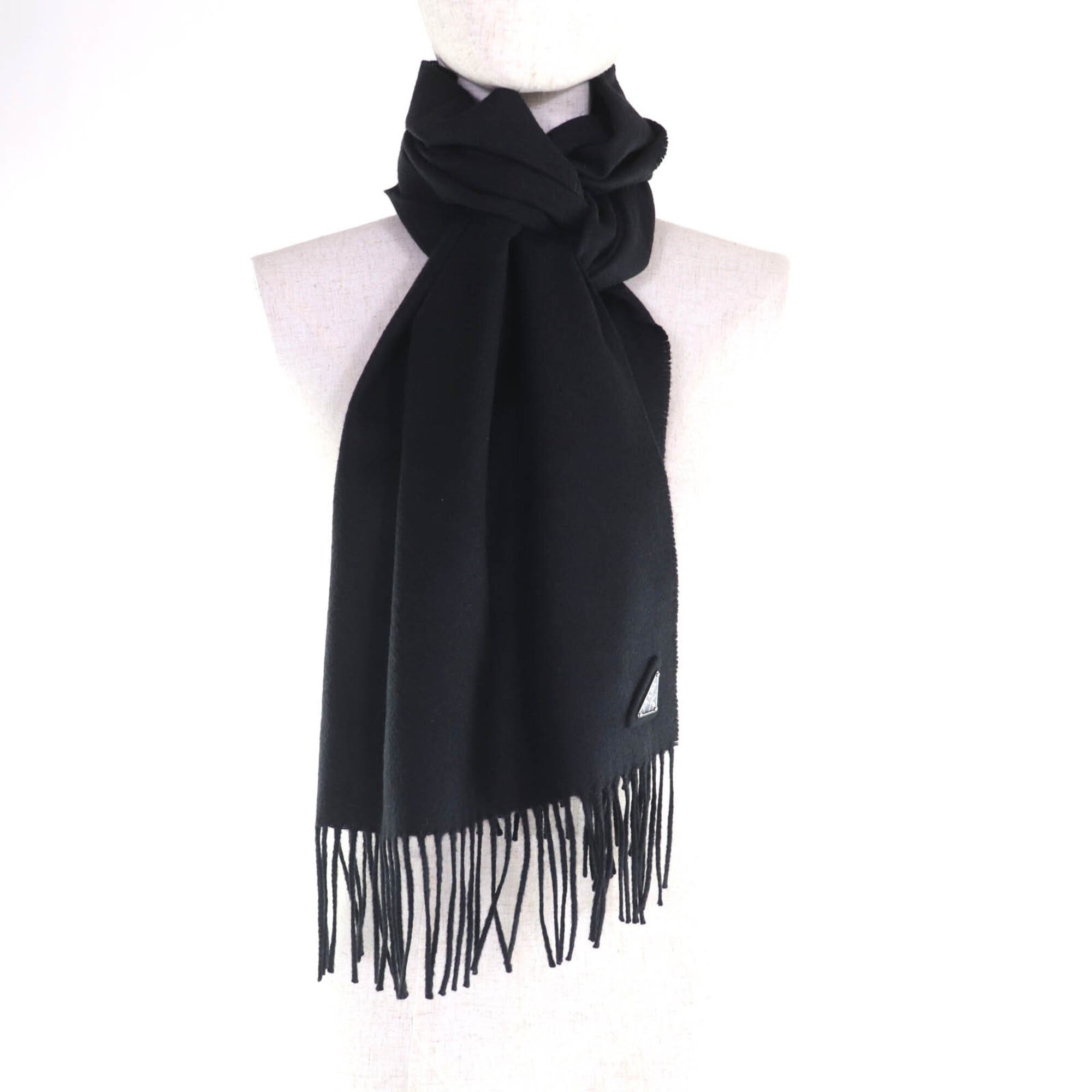 Prada PRADA (Prada) 2023 model 1FS047 Silk Cashmere Blend Fringe Scarf with Triangle Logo Plate, Black, 1700 x 350mm, Box, Made in Italy, Authentic, Men's/Women's. Size ONE SIZE - 4 Thumbnail