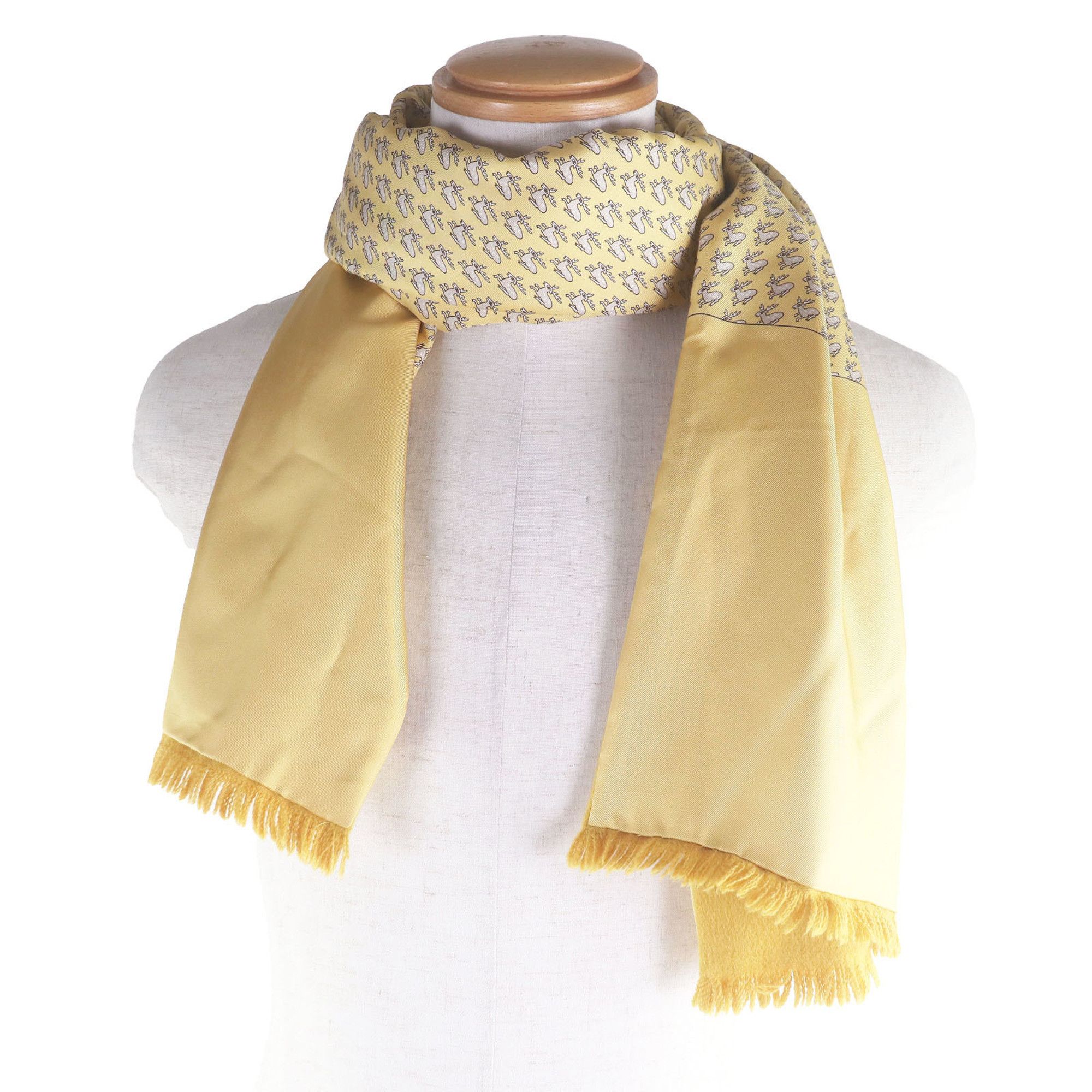 Hermes HERMES Silk Angora Deer Print Fringe Shawl Scarf Stole, Yellow, Made in France, Men's & Women's. Size ONE SIZE - 2 Thumbnail