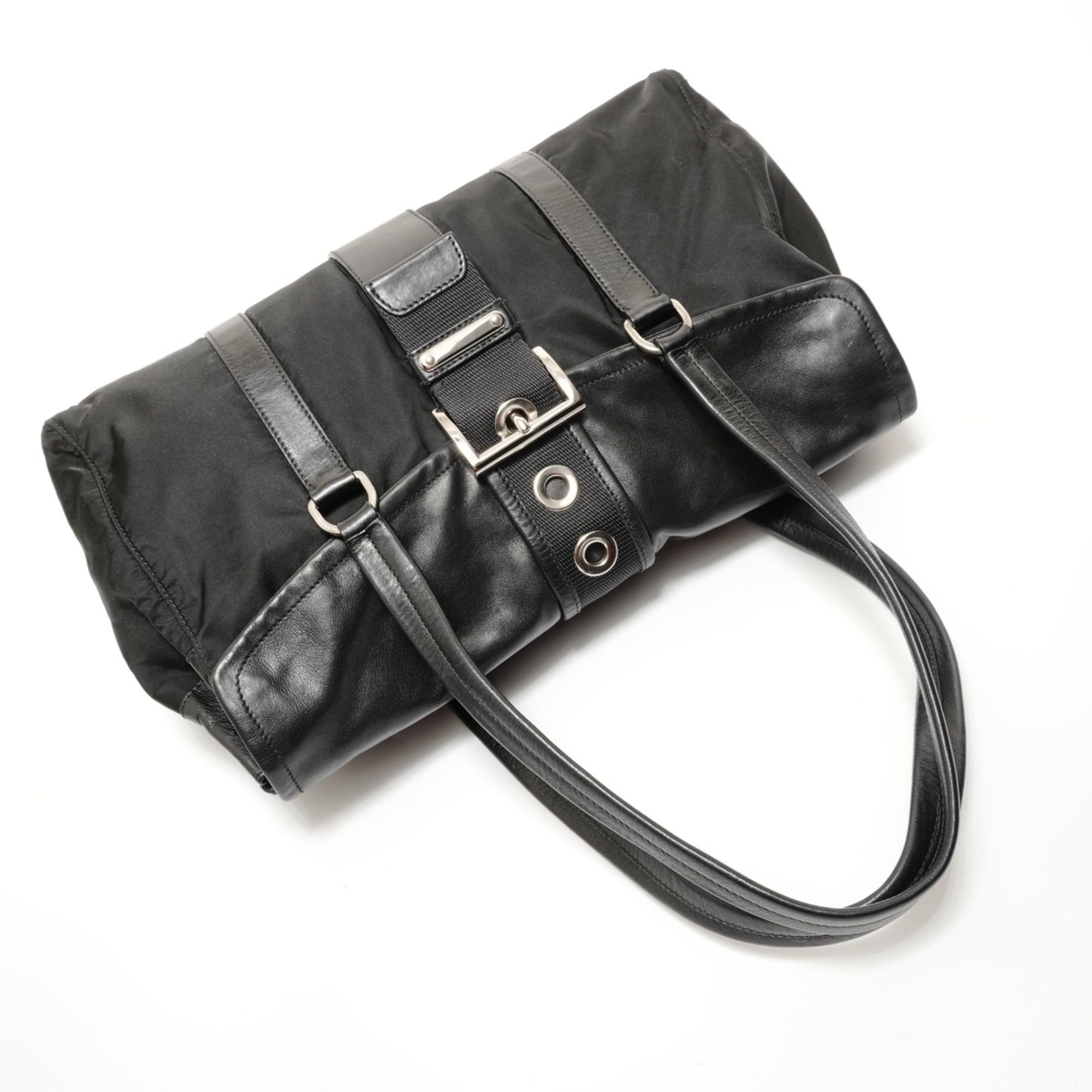 Prada Prada Nylon Leather Triangle Logo Buckle Shoulder Bag, Black Size ONE SIZE - 8 Thumbnail