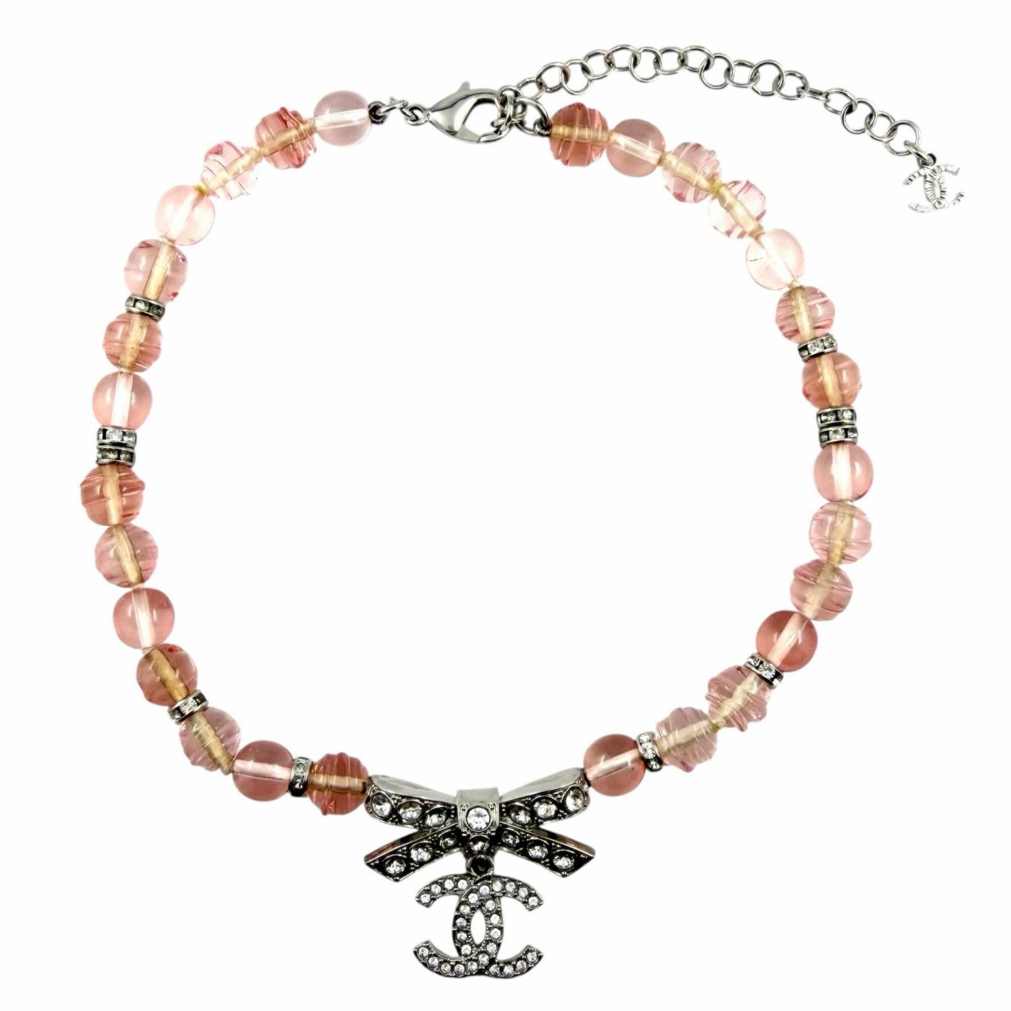 Chanel CHANEL (Chanel) 2023 Model B23S Coco Mark Ribbon Rhinestone Choker Necklace, Pink and Silver, with Box, Made in Italy, Women's. Size ONE SIZE - 4 Thumbnail