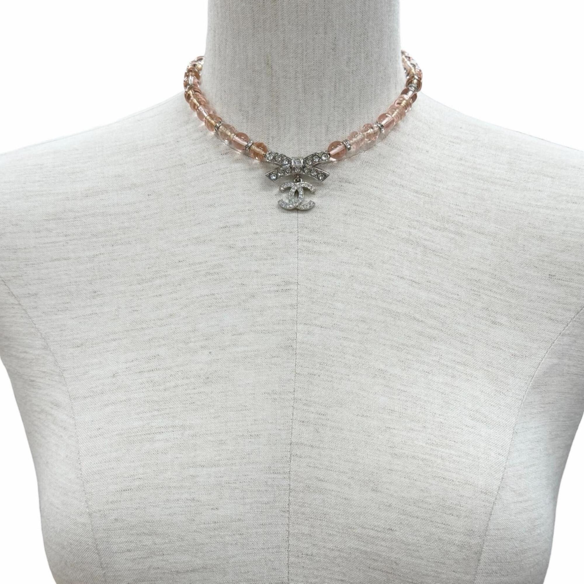 Chanel CHANEL (Chanel) 2023 Model B23S Coco Mark Ribbon Rhinestone Choker Necklace, Pink and Silver, with Box, Made in Italy, Women's. Size ONE SIZE - 3 Thumbnail