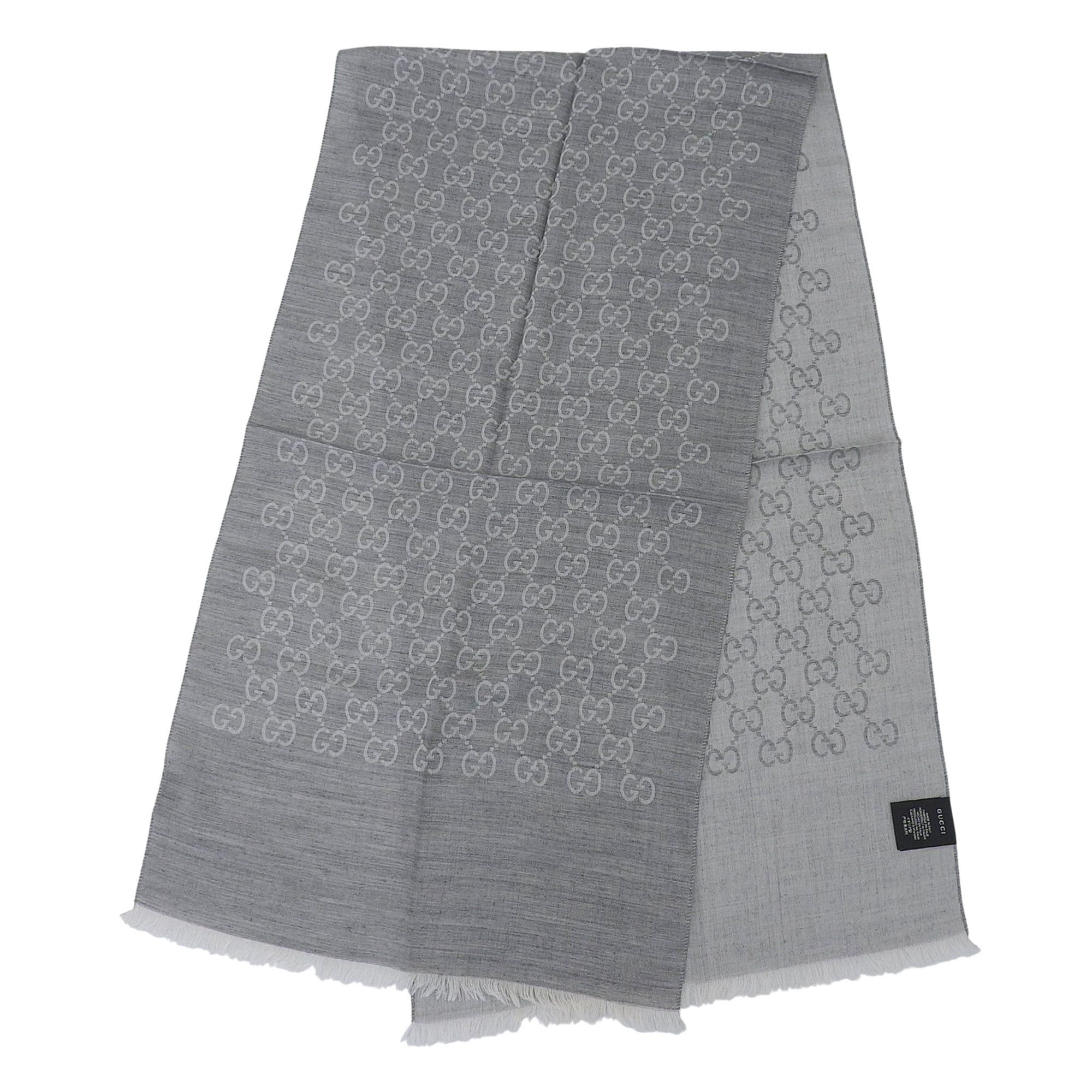 Gucci GUCCI wool and silk blend GG pattern fringed stole/shawl, gray, 45 x 180 cm, made in Italy, authentic, women's. Size ONE SIZE - 3 Thumbnail