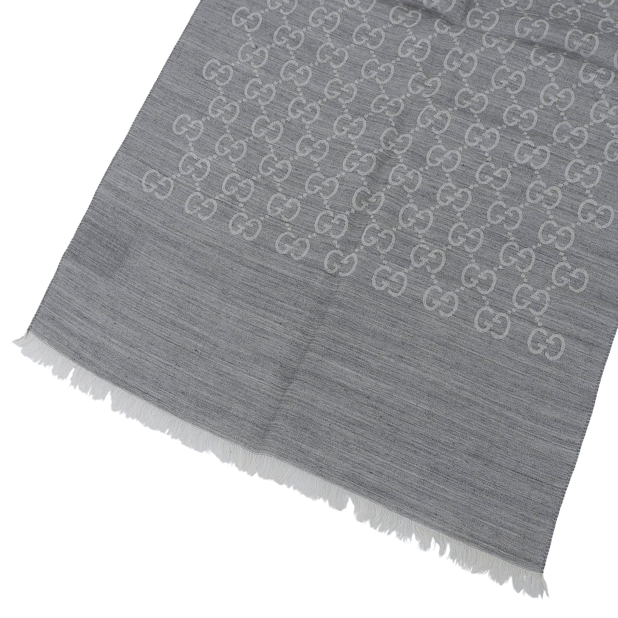 Gucci GUCCI wool and silk blend GG pattern fringed stole/shawl, gray, 45 x 180 cm, made in Italy, authentic, women's. Size ONE SIZE - 4 Thumbnail