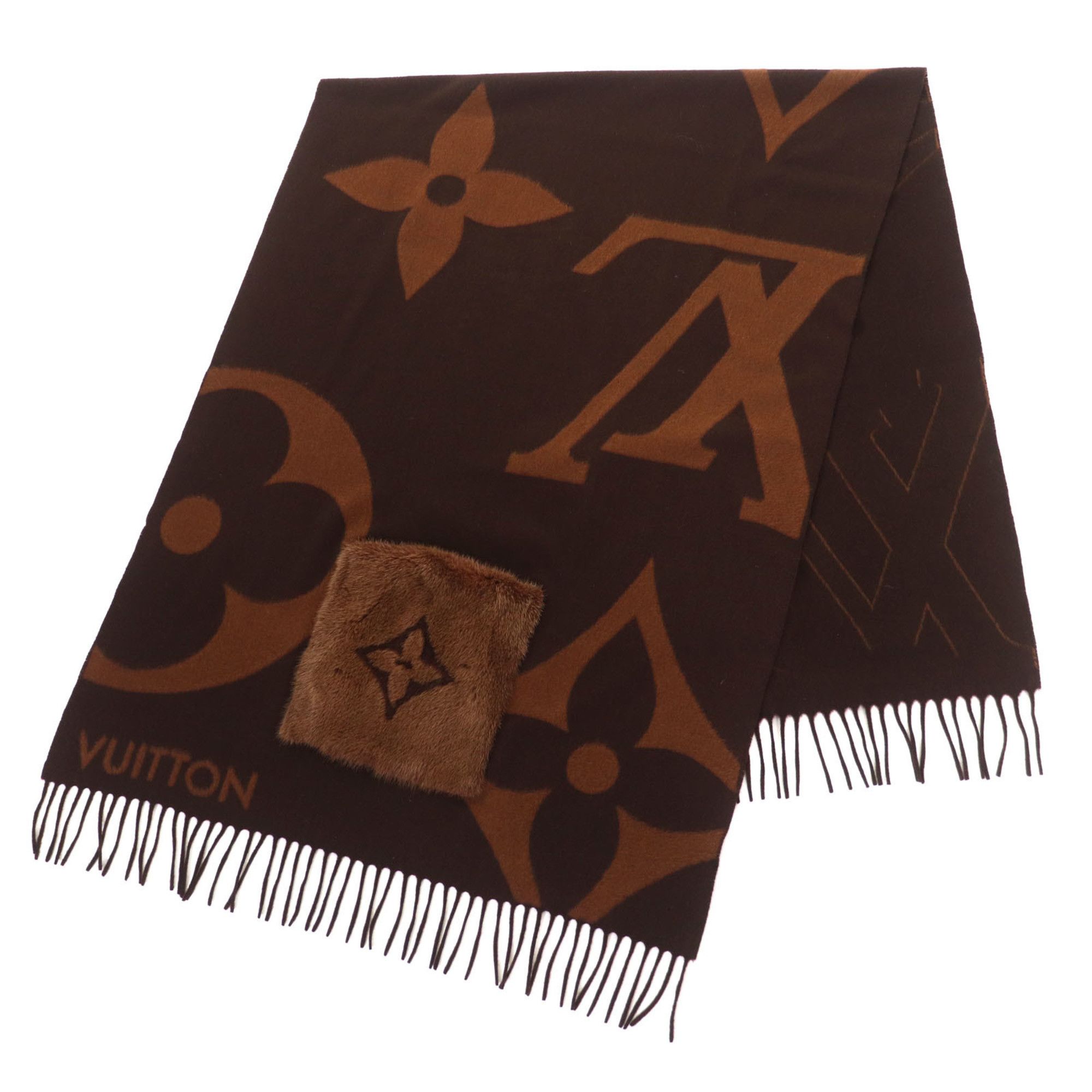 Louis Vuitton LOUIS VUITTON M77387 The Ultimate Fur Cashmere Wool Monogram Giant Scarf, Brown, Made in Italy, Authentic, Women's. Size ONE SIZE - 2 Thumbnail