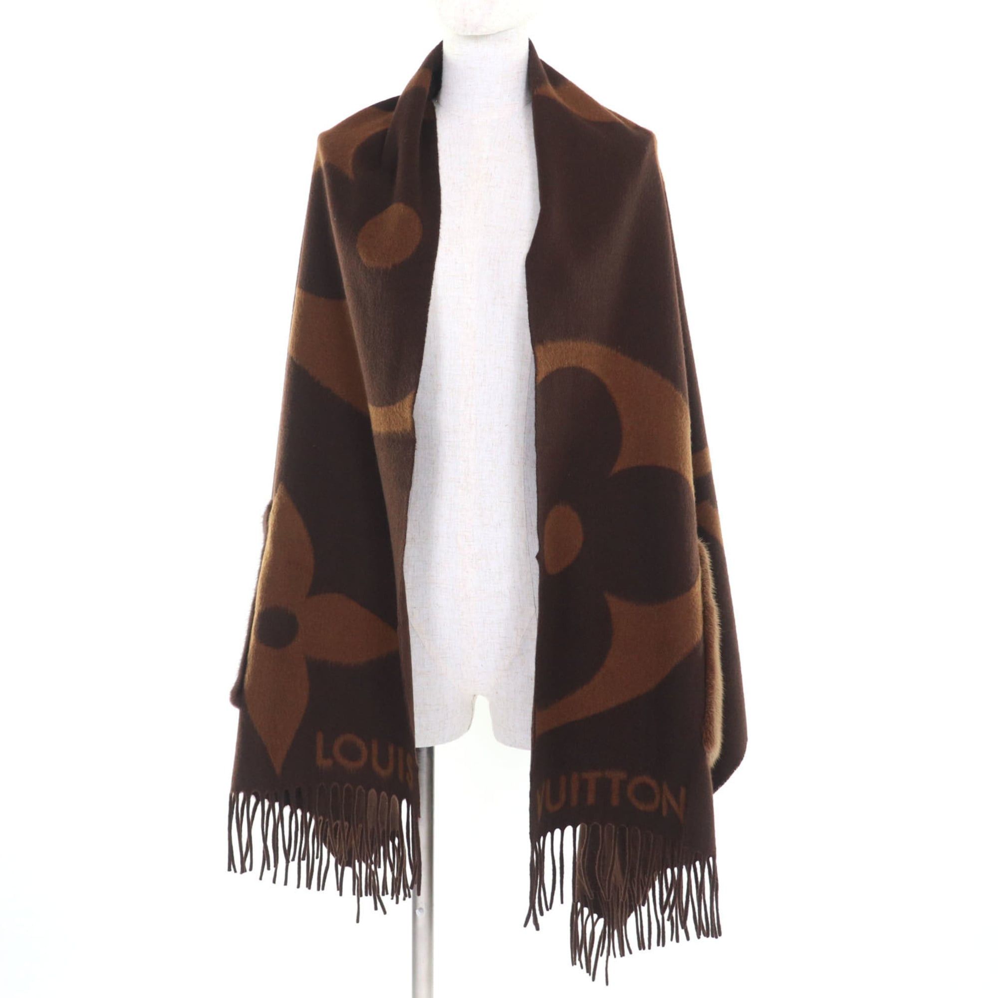 Louis Vuitton LOUIS VUITTON M77387 The Ultimate Fur Cashmere Wool Monogram Giant Scarf, Brown, Made in Italy, Authentic, Women's. Size ONE SIZE - 3 Thumbnail
